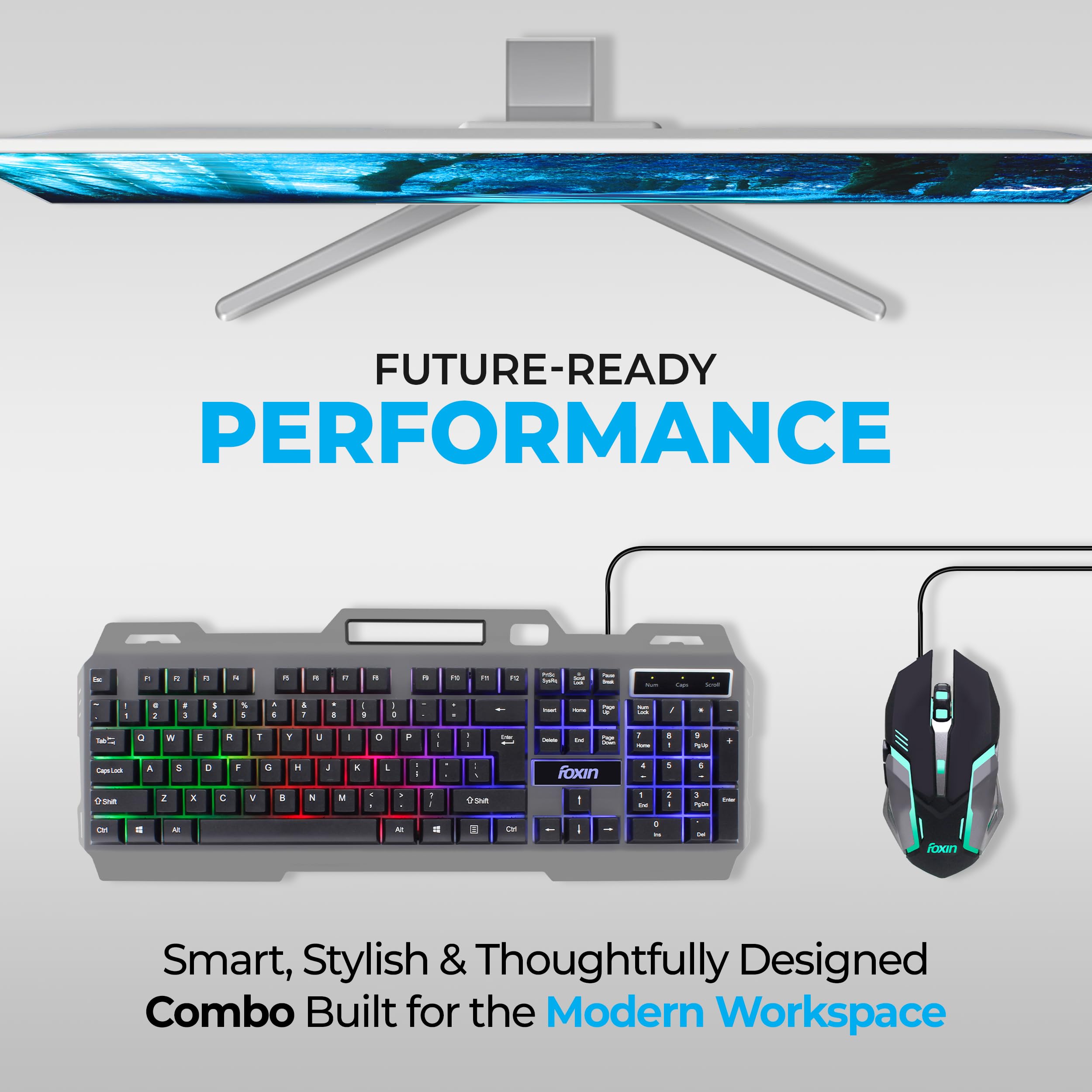 FOXIN Thunder Gaming Keyboard and Mouse Combo | Rainbow Backlit Membrane Keyboard (104 Keys) with Phone Holder | 3600 DPI | 6 Button Mouse | Metal Body | Wired Gaming Combo for PC & Laptop Product Image 3
