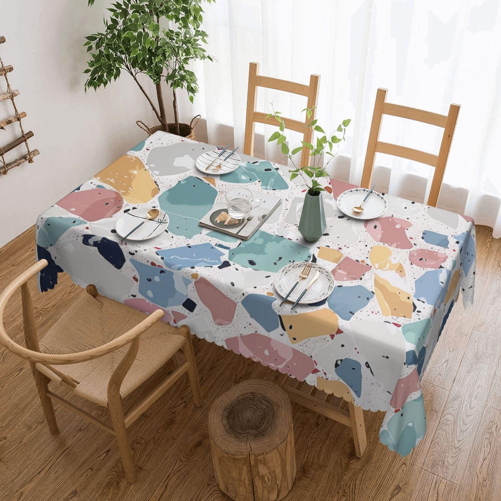 WPKJU Terrazzo Marble Pastel Printed Rectangle Tablecloth 72x54 Inch with Lace Trim, Water-Resistant Washable Table Cover for Farmhouse Weddings, Outdoor Picnics & Holiday Dining