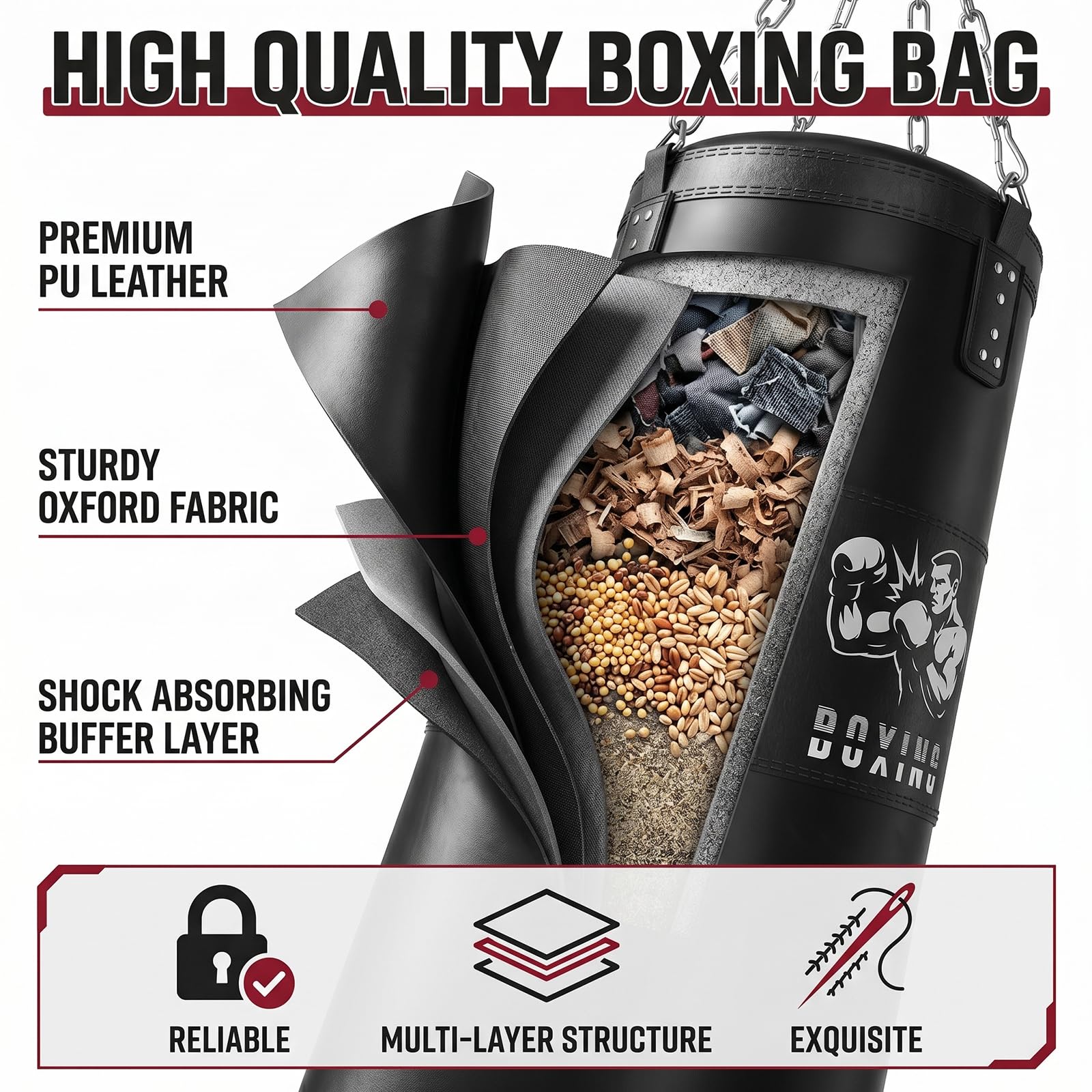 Sac de Frappe Adultes Ninonly 120CM Lourd Sac de Boxe avec Sac de Boxe Suspendu Non Rembourré,Ballon de réaction,Bandages pour Kickboxing MMA Muay Thai Karate Taekwondo(Non Rempli)