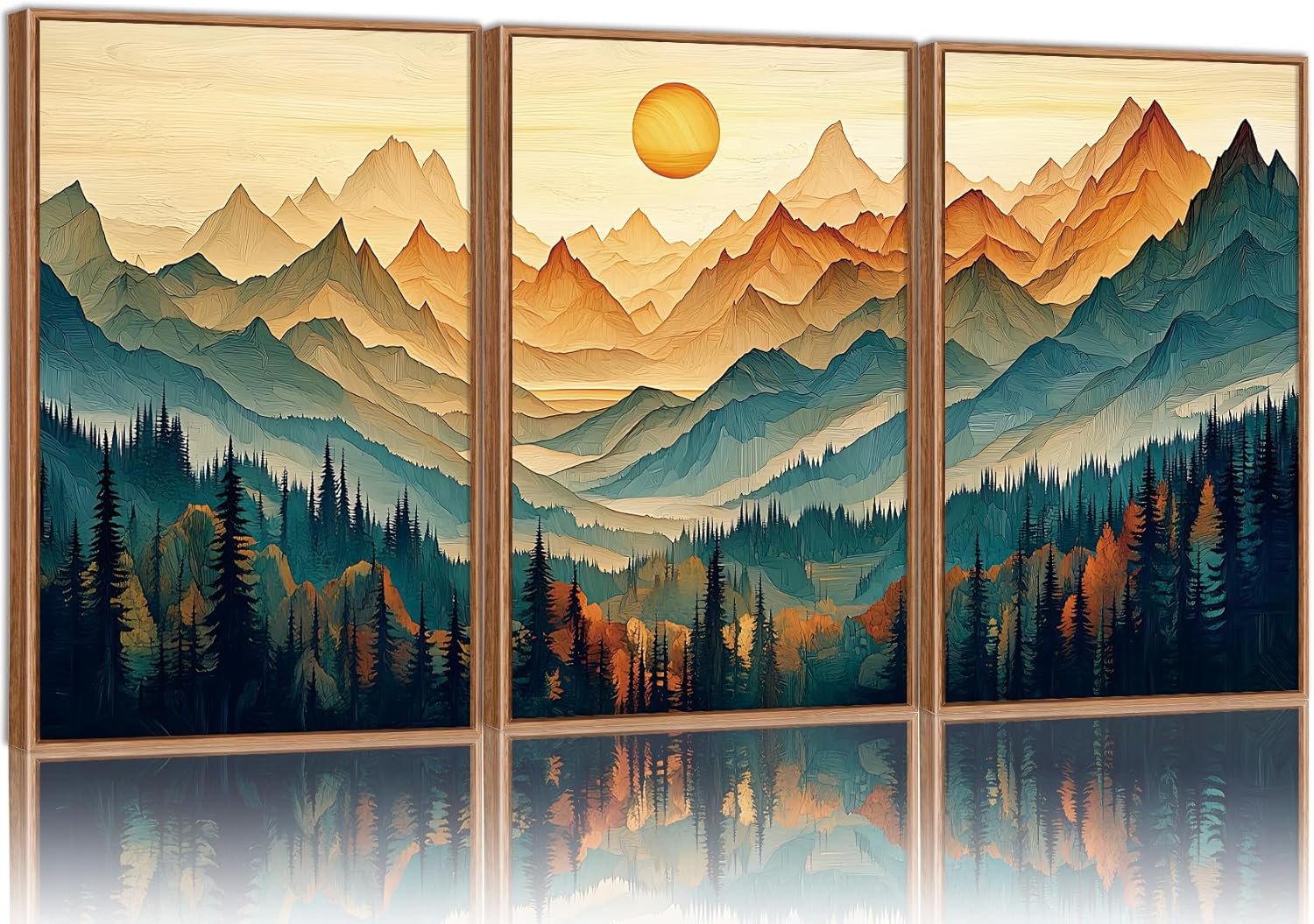 Tinonedraw Large Mountain Framed Canvas Wall Art Set of 3, Boho Nature Forest Wall Decor, Neutral Wooden Pine Trees Artwork, Sunrise Ridge Landscape Art Printing for Living Room Bedroom Office 16"x24" Boho Mountains 16L" x 24W"