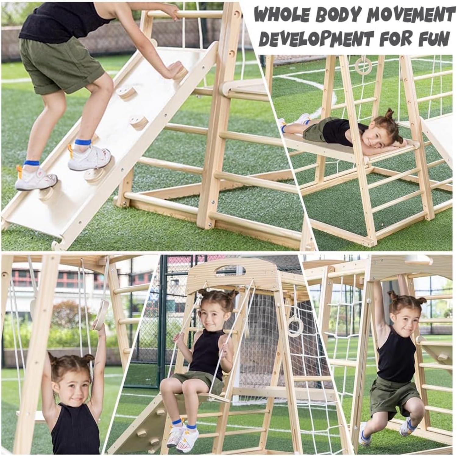Indoor Children's Playground 6-in-1 Jungle Fitness Play Set for Ages 2-6 - Slide, Climbing Rock, Climbing Wall, Rope Wall Climber, Monkey Bars, Swings - Waldorf and Montessori Style Wooden Climbing