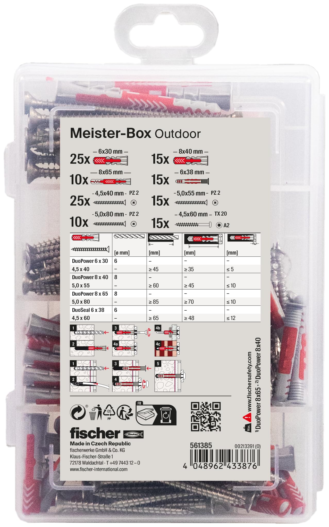 Fischer 561385 - Set di 130 tasselli con viti in acciaio inox e duopower & duoseal, per fissaggio esterno e interno, pratico aiuto per uso interno ed esterno, colore: Rosso