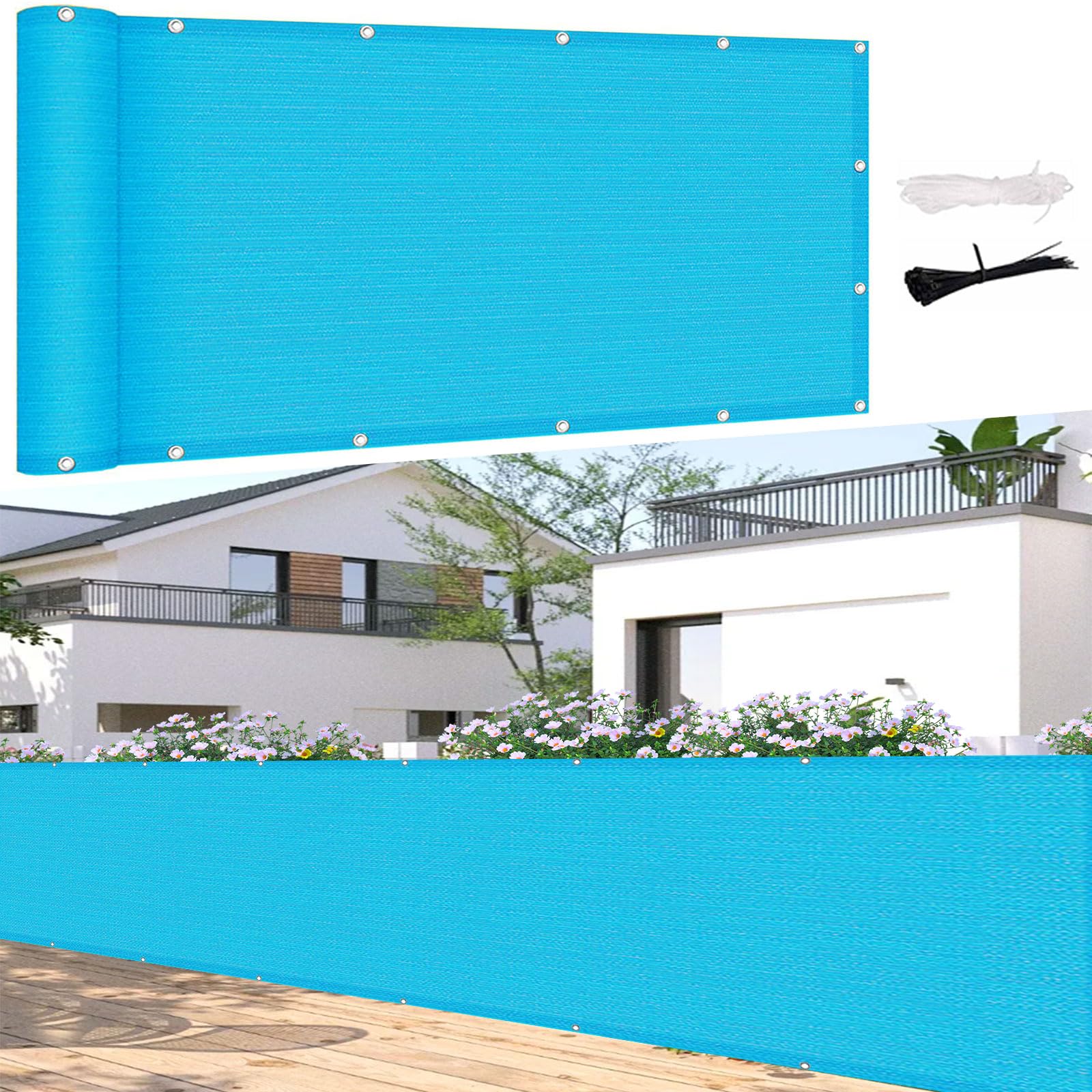 Brise vue bleu ciel 70x550 cm avec œillets et attaches pour jardin