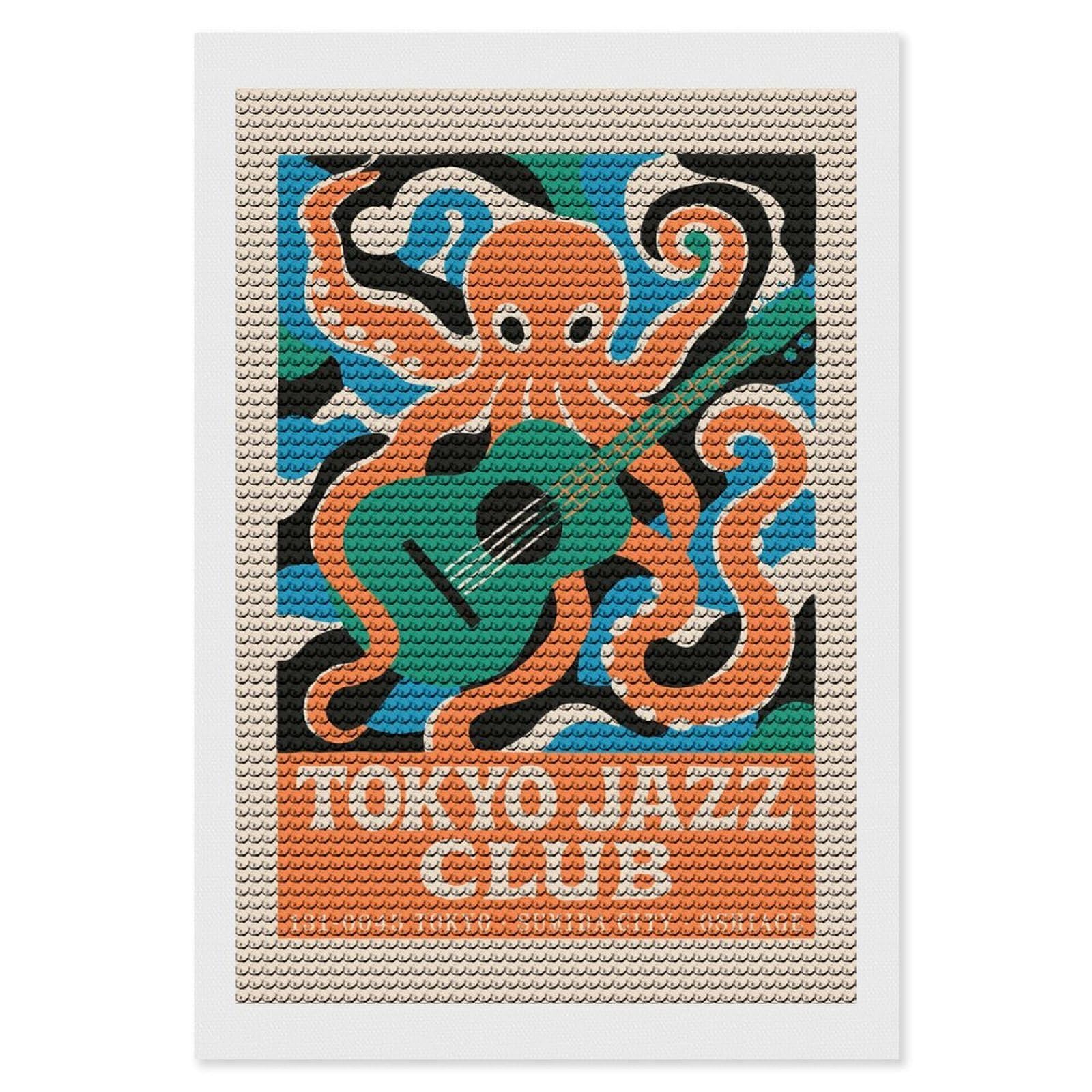 Junmoney Tokyo Jazz Club Octopus Guitar Diamond Painting Canvas Set 8"x12", Boho Decor, for Craft Lovers, Easy Handmade Project, Holiday Gift Idea