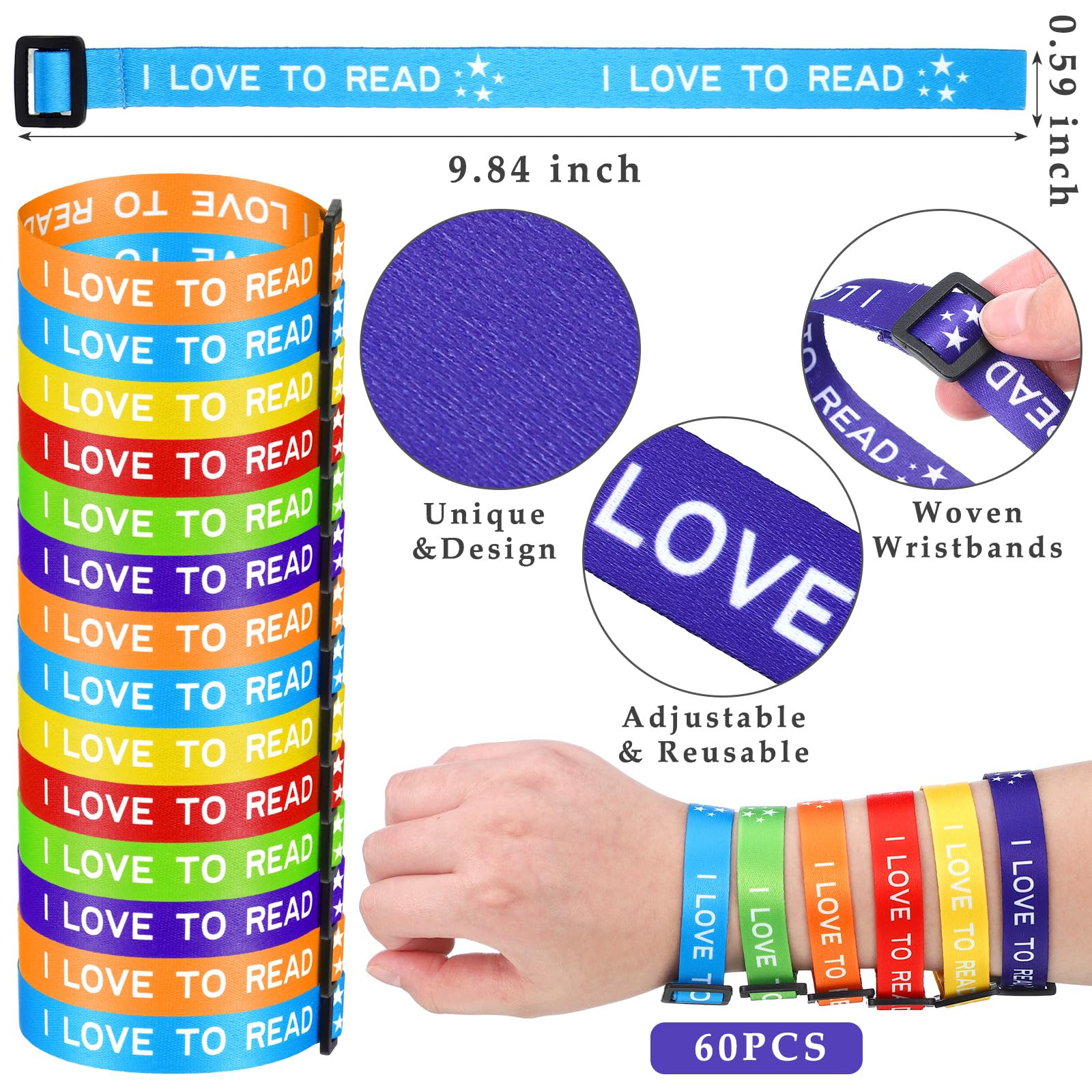 Landical 60 Pcs I Love to Read Wristbands Adjustable Webbing Bracelets Colorful Motivational I Love to Read Bracelets for School Book Lover Gifts Classroom Rewards Reading Prizes Teacher Award