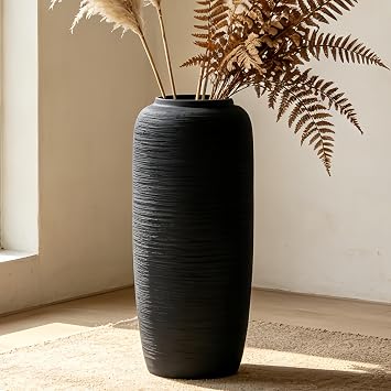 Black Rustic Ceramic Floor Vase, 15.7 Inch, Ribbed Texture | Living Room, Entryway, Fireplace, Pampas Grass, Dried Branches