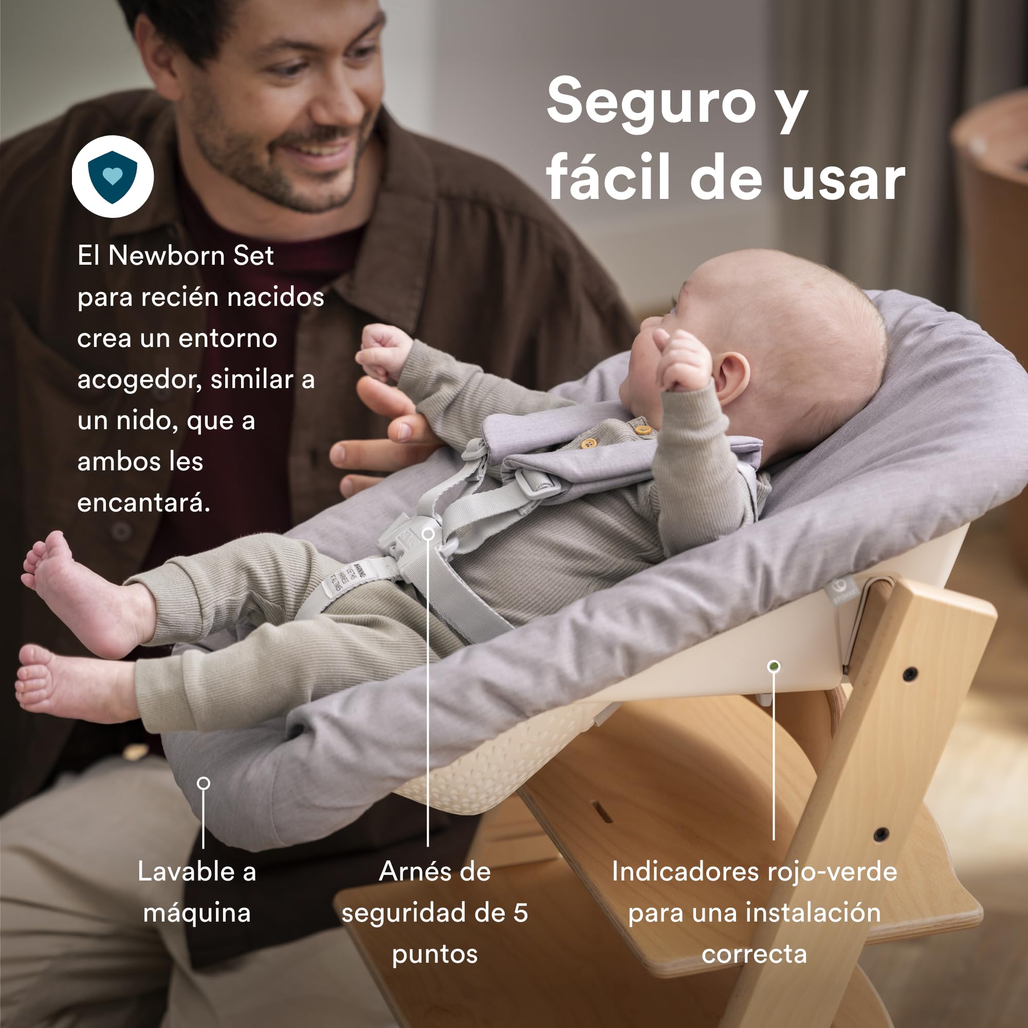 Trona Tripp Trapp de Stokke, Natural (Incluye Silla + Baby Set 2) con Newborn Set (Grey) - Diseño Seguro, Ajustable y Ergonómico