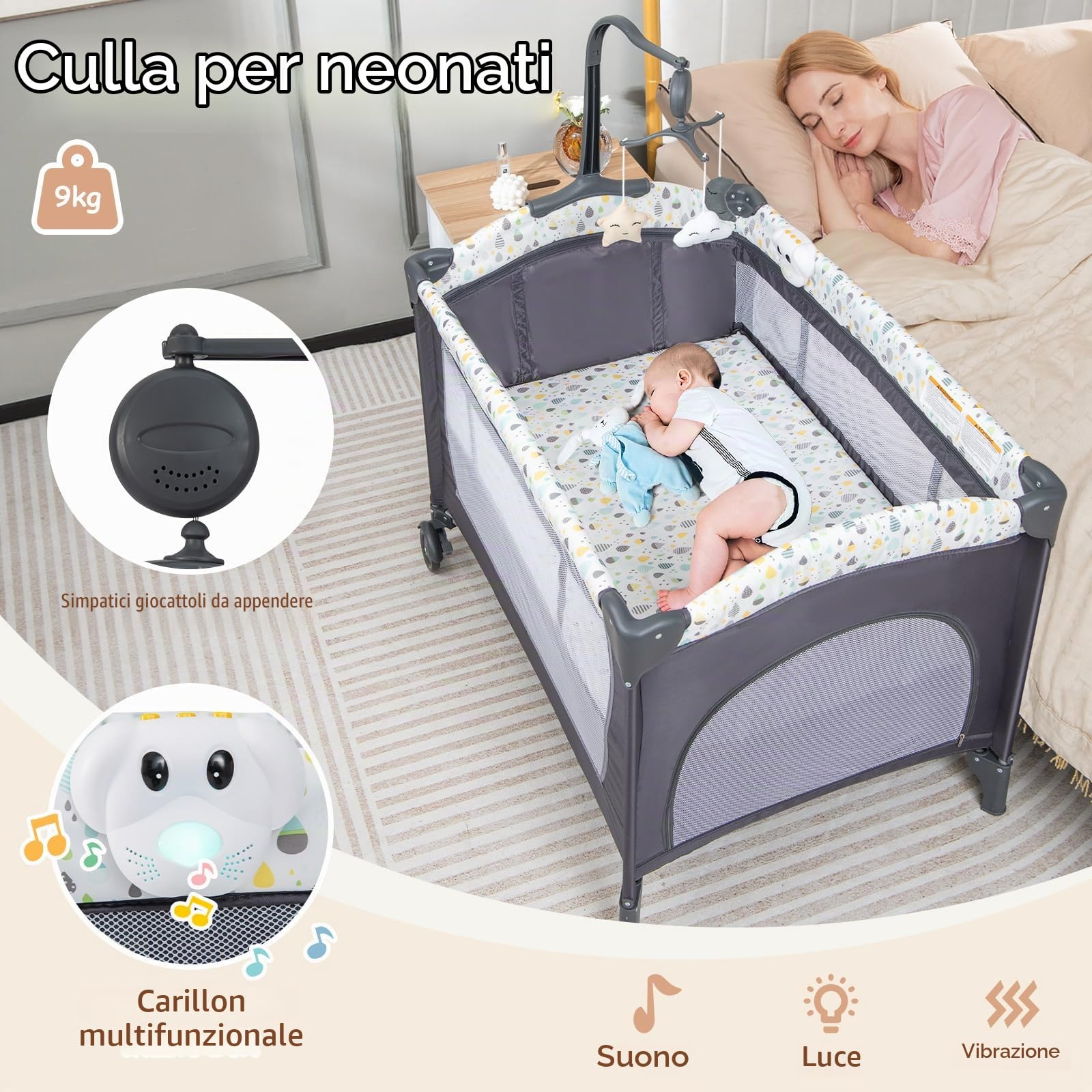 RELAX4LIFE 4 in 1 Lettino da Campeggio con Materasso per Bambini, Culla da Viaggio per Neonati con Fasciatoio, Carillon e Ruote Bloccabili, Adatto a Bambini da 0 a 36 Mesi (Beige)