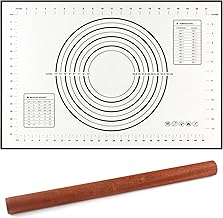 wellhouse Silicone Baking Mat with Measurements and Rolling Pin Set Non-Slip Pastry mat for Cookies Fondant Rolling Pizza Pie (Black Baking Mat + Rolling Pin)