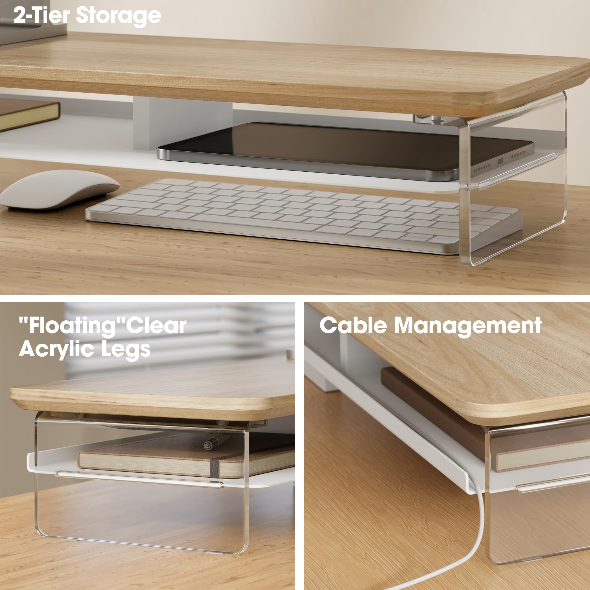 Fenge Support Écran PC Acrylique, Réhausseur Écran PC Bureau Bois et Métal, Adapté aux Ordinateurs, Écrans, TV, Ordinateurs, Imprimantes (Chêne, 108cm)