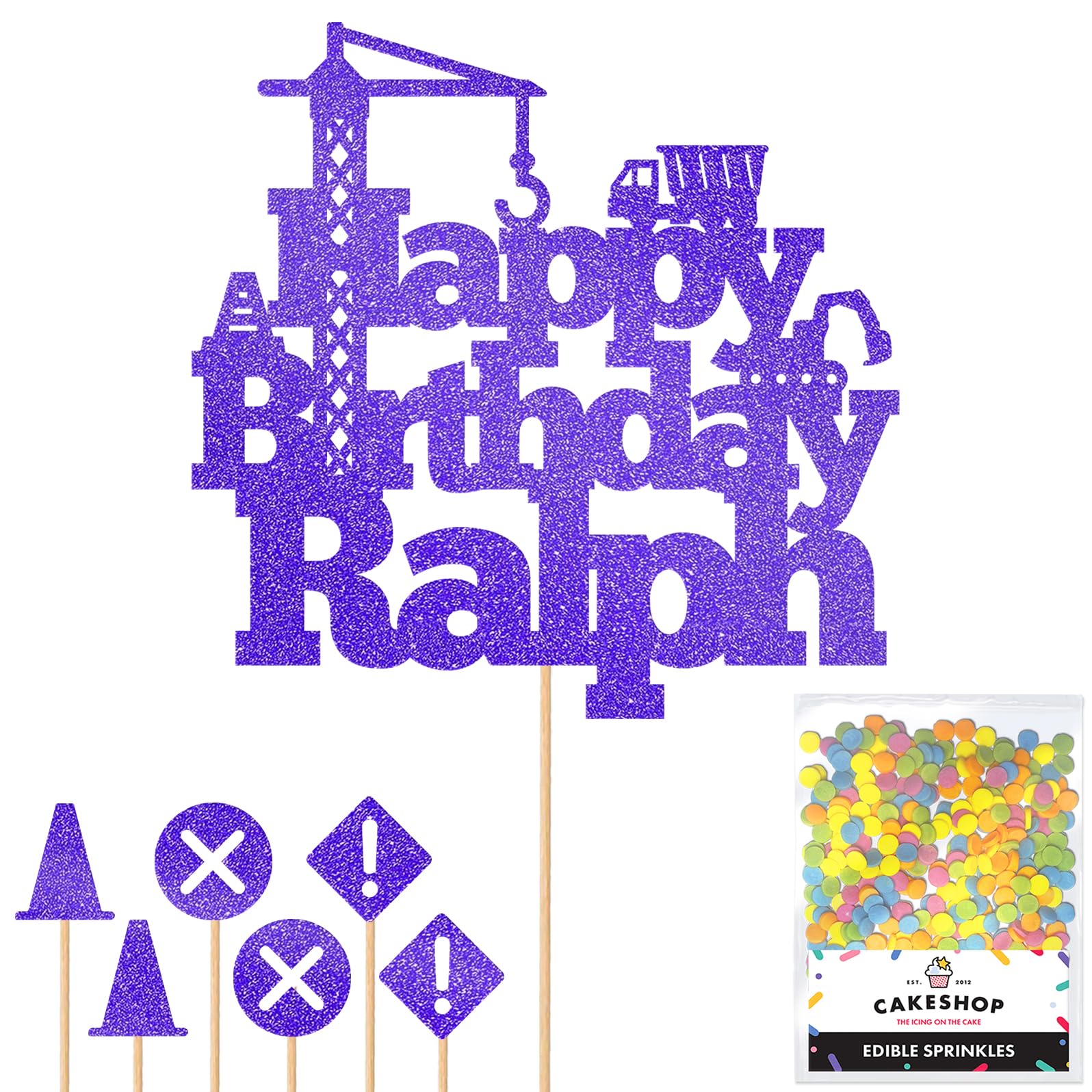 Personalised Construction Site Crane Glitter Cake Topper- Blue Any Custom Age & Name Glitter Cake Decoration and Sprinkles - Happy Birthday Decorations - Personalised Toppers for Cakes by Cakeshop — image 1
