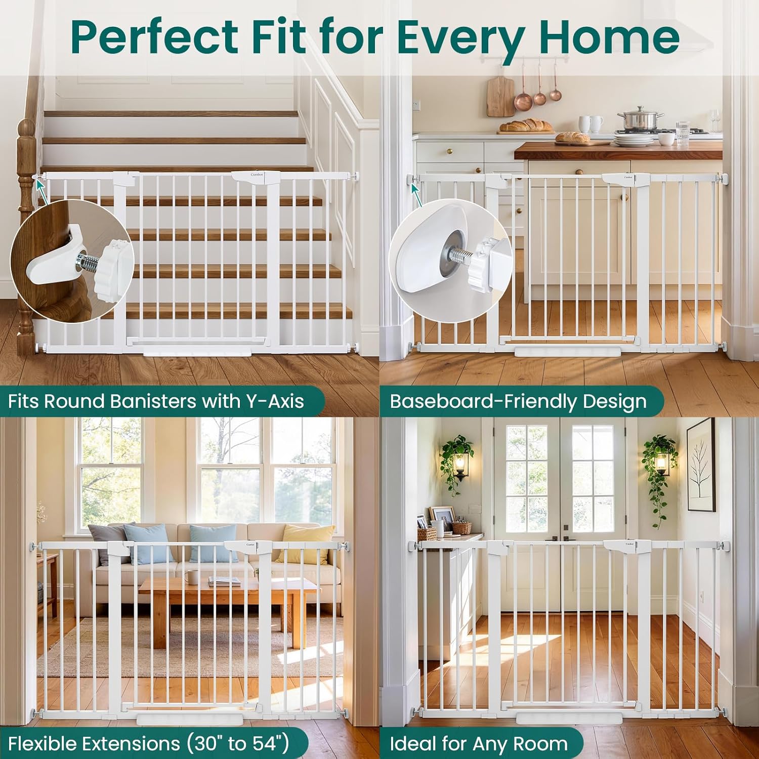 Cumbor 30-54" Extra Wide Baby Gate for Stairs, Dual Lock & Self-Closing Dog Gate Indoor, Easy Install Pet Gate for Doorways, Hallways & Kitchen, Easy Walk Thru Safety Proofing for Babies & Pets, White