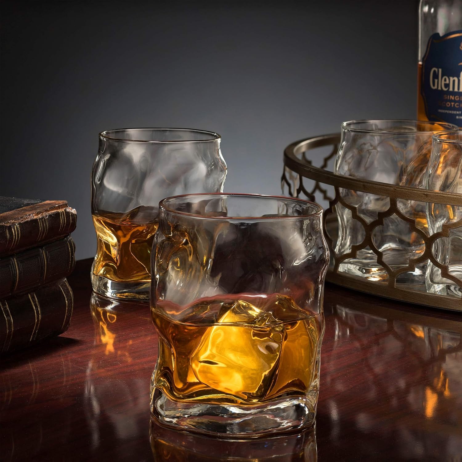 Bormioli Rocco Sorgente DOF Glasses - Set of 4, Designed by Ross Lovegrove - 14.25 Oz. Sculpted Tumblers, Natural Motion-Inspired Form, Ideal for Cocktails & Spirits, Made in Italy, Dishwasher Safe