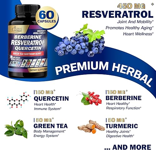 Miniatura 2 de Suplemento de resveratrol prémium de 25450 mg  Envejecimiento saludable, corazón, cerebro e inmunitario  10 en 1 con quercetina, berberina, té