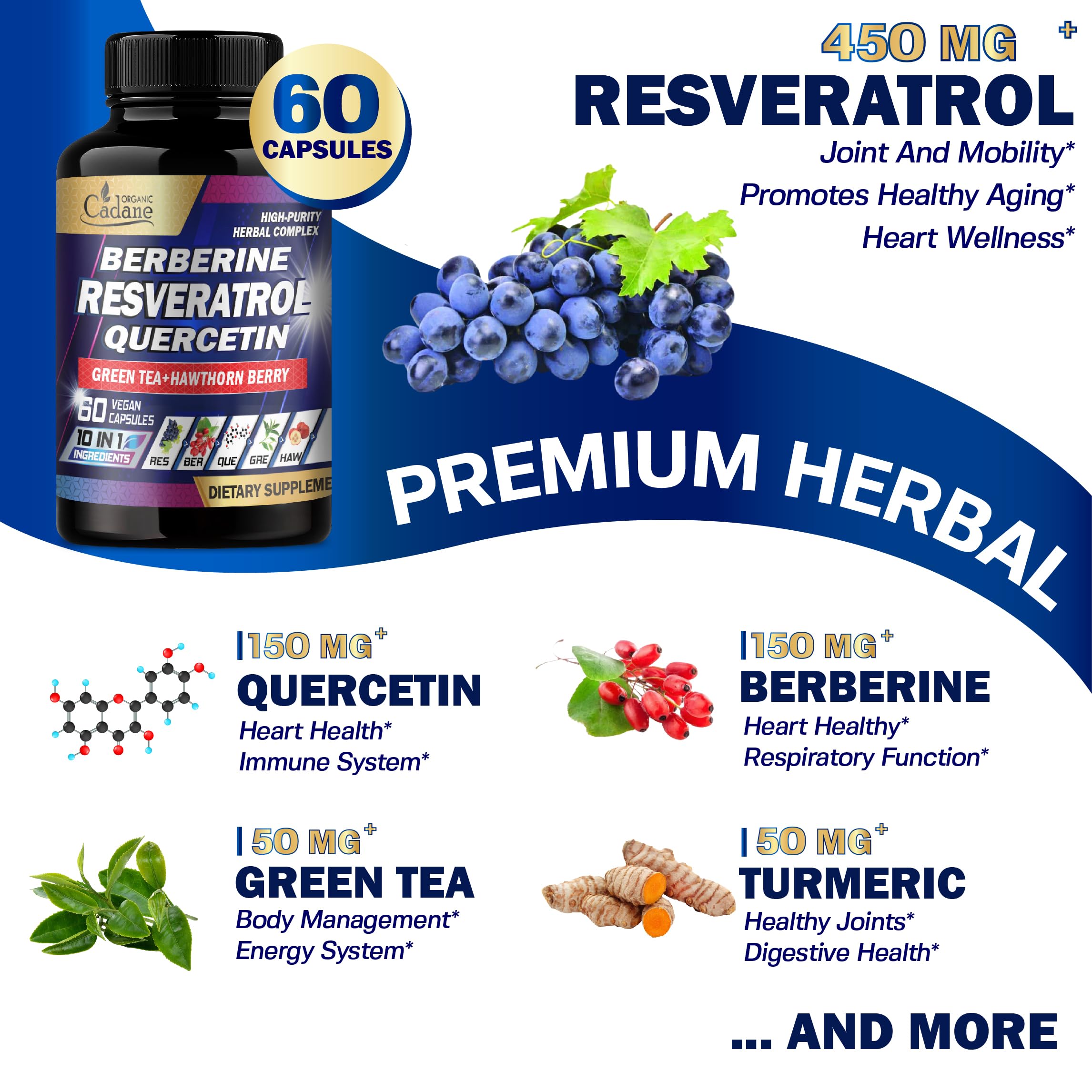 Cadane Resveratrol Supplement - 10in1 Plus with Quercetin, Berberine, Green Tea, Grape Seed, Hawthorn Berry, Turmeric, Rhodiola Rosea, Ginkgo Biloba, and Black Pepper - 60 Capsules — Amazon image 2