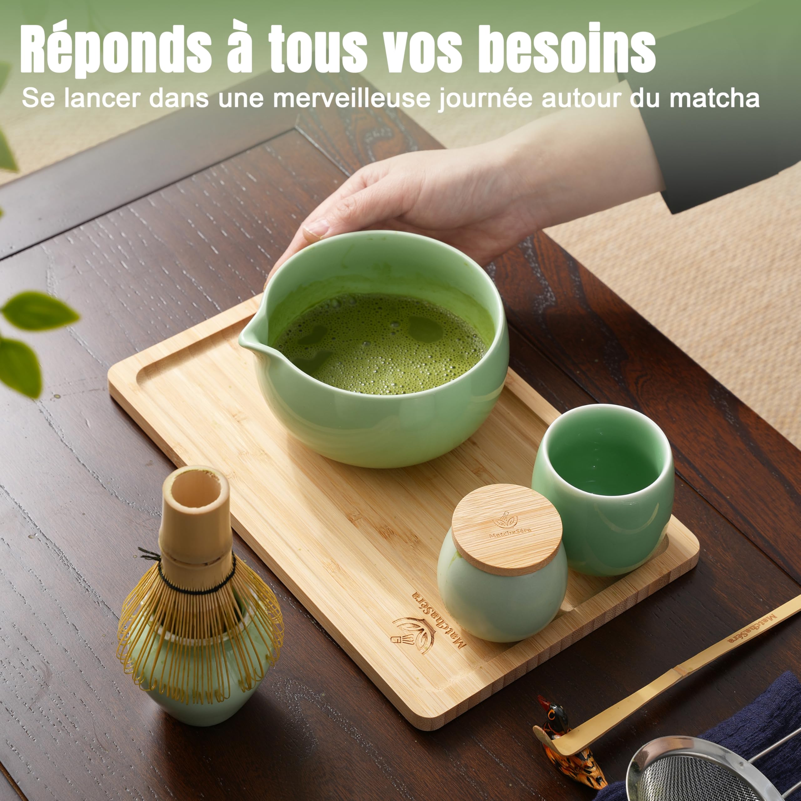 Kit Matcha, Ensemble complet de 10 pièces avec plateau, bol de Matcha japonais, fouet en bambou, support pour fouet, tamis, serviette à thé, récipient à thé, tasse de thé