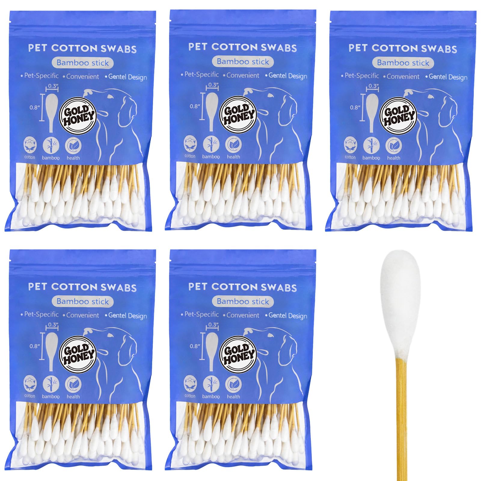 GOLD HONEY 6 Inch Large Cotton Swabs 500PCS Dog Ear Swabs with Bamboo Handle for Dogs Pet-Specific Gentle