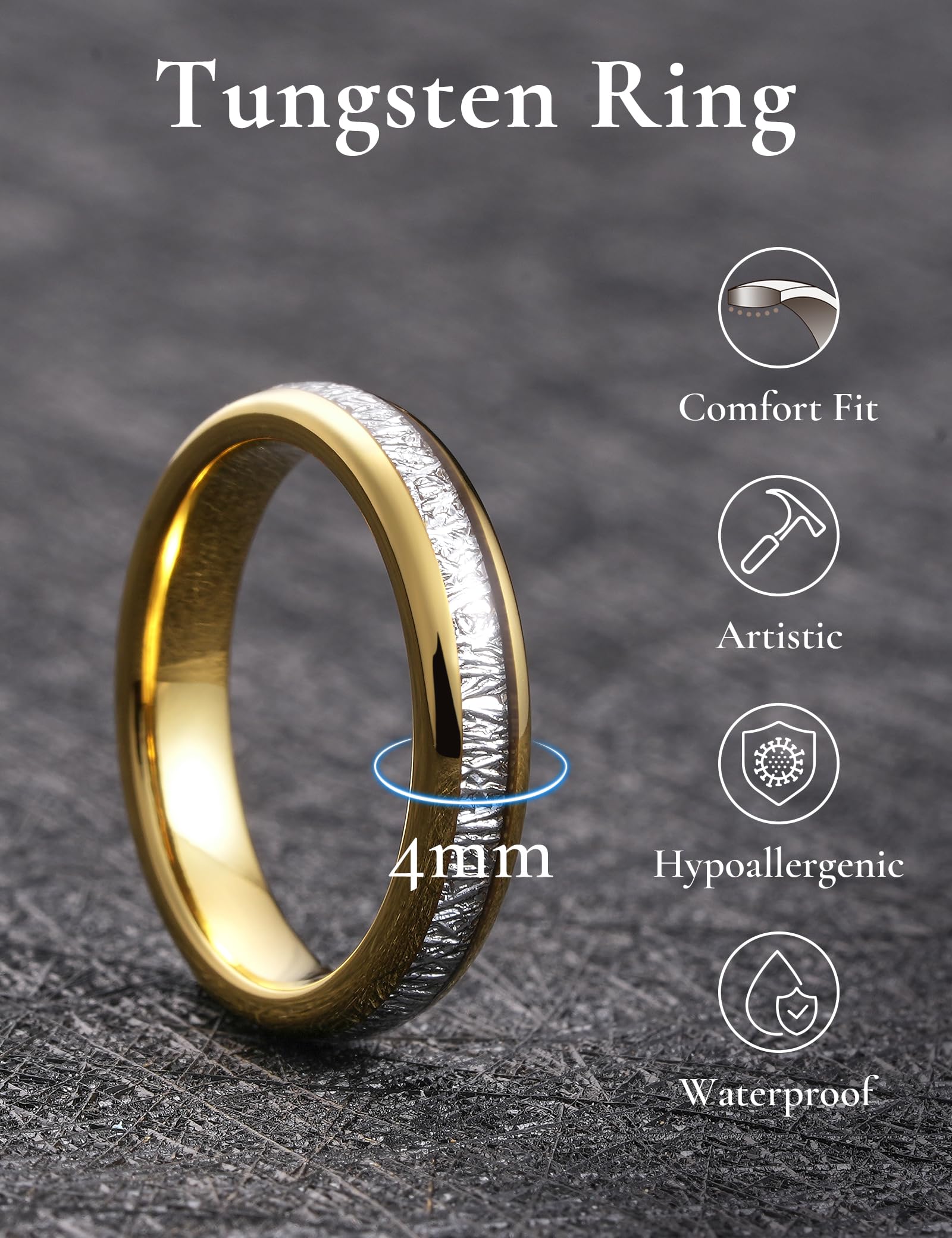 King Will Anello da donna in carburo di tungsteno 4 mm – oro impilabile, inserto in meteorite imitato, bombato, lucido, anello nuziale classico, vestibilità confortevole 62.2 (19.8)