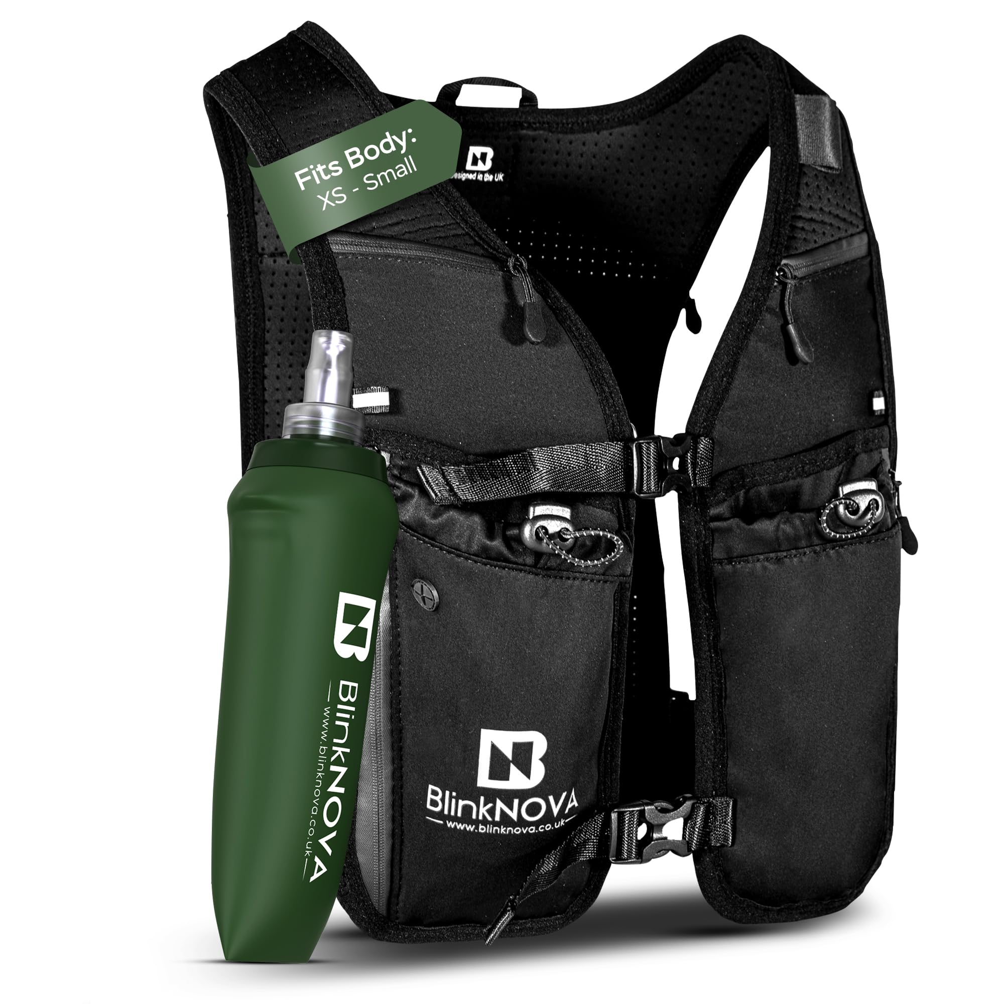 BlinkNOVA Running Vest with Phone Holder | Reflective Hydration Vest with Adjustable Waistband & 500ml Collapsible Water Bottle | Lightweight Unisex Running & Hiking Vest (Front Clip – XS/S)