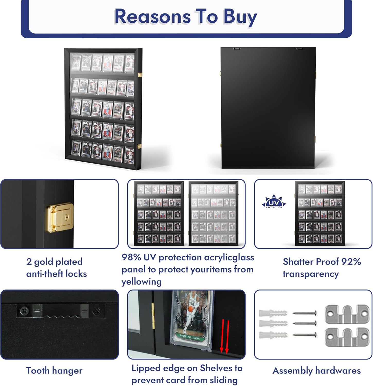 35 Graded Sports Card Display Case - Baseball Card Display Frame Lockable for, Football, Basketball, Hockey & Trading Cards - UV Protection & Clear Acrylic, Black