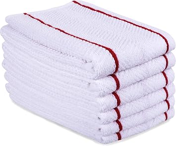 AMOUR INFINI Terry Herringbone Weave White Kitchen Towels Pack of 6 Highly Absorbent, Super Soft Bar Towels with Hanging Loops for Kitchen Cleaning 28x16 Inch - Red