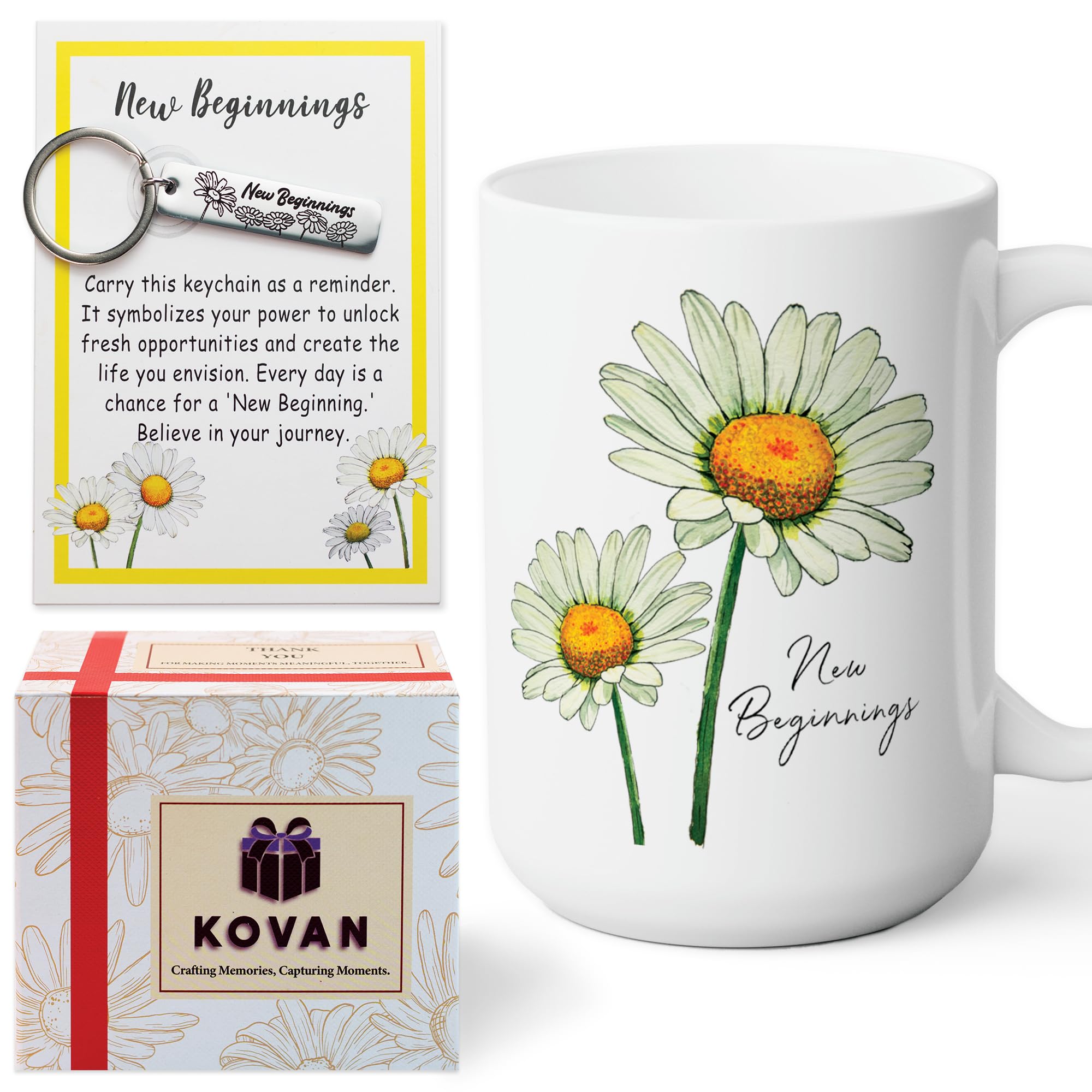 New Beginnings Box Gifts for Women - Daisy White Coffee Mug 15Oz and Keychain, Gifts for New Job, Home, Leaving Job, Goodbye, Good Luck, Going Away, Farewell Coworker, Divorce