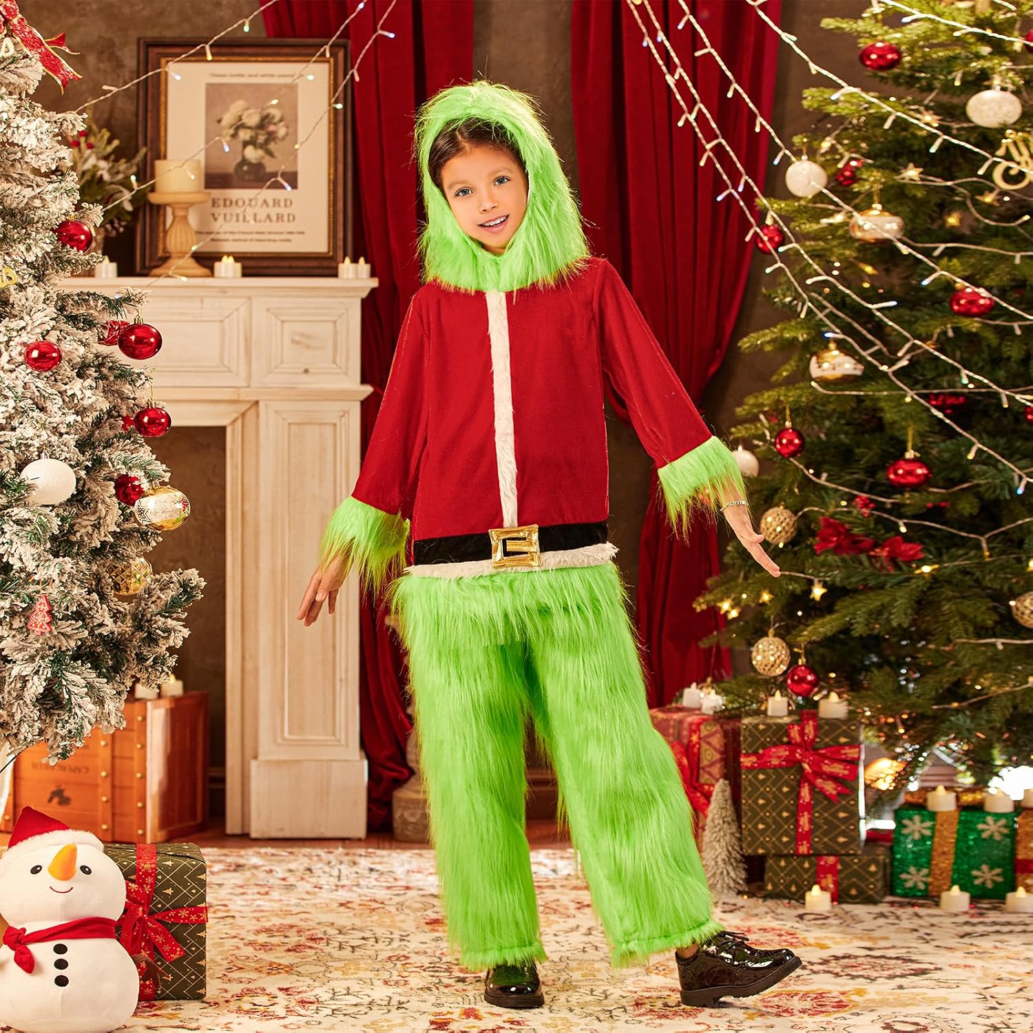 Kids Boys Christmas Cosplay Costume Hooded Santa Claus Tops Green Furry Monster Outfits - Image 4