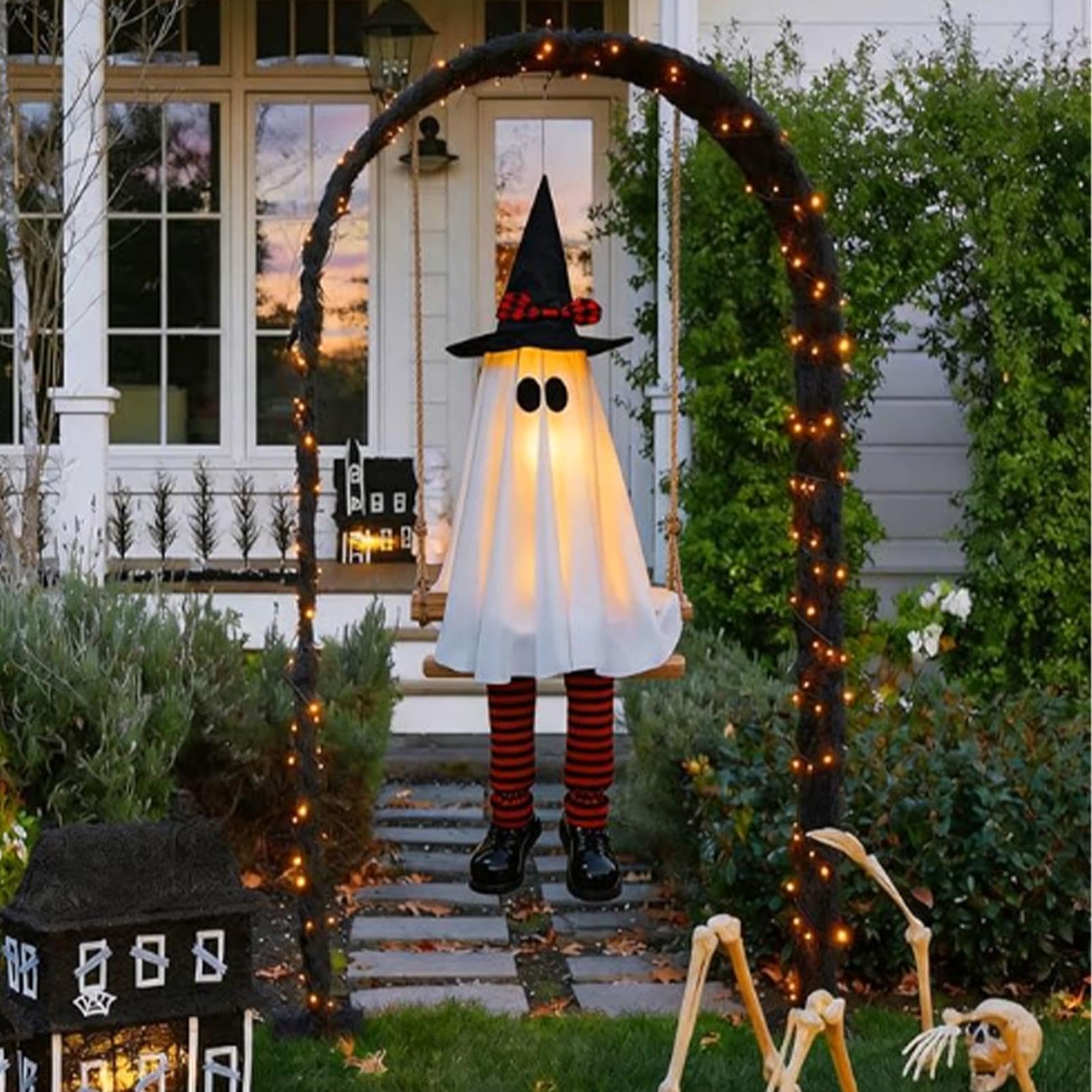 Halloweenowy duch 1,8 m gotycka dekoracja zewnętrzna z lampkami w kapeluszu