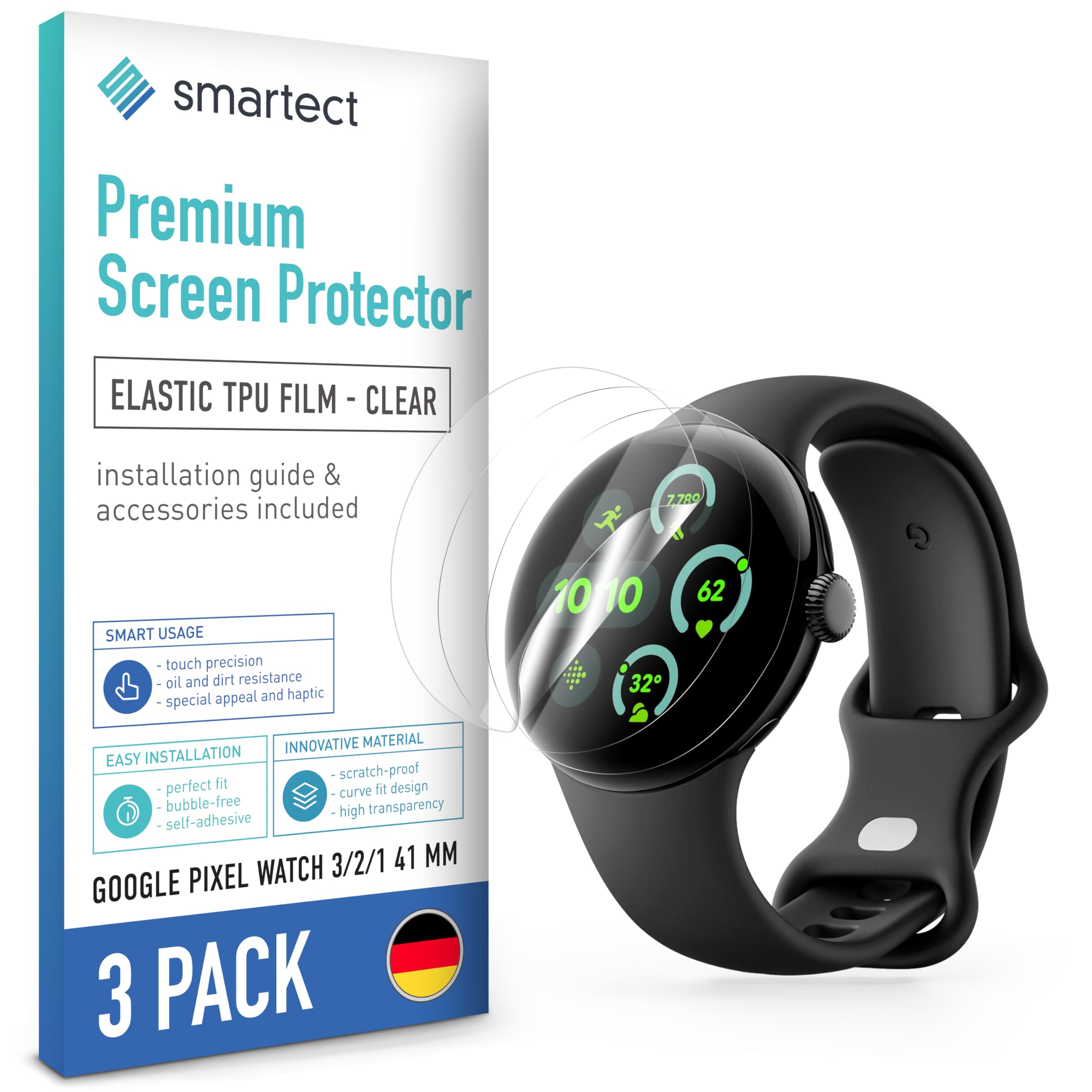 smartect Folia Ochronna TPU [3 Sztuki, Clear] dla Google Pixel Watch 4/3 / 2/1 41 mm, Zakrywa cały wyświetlacz, Ochraniacz Ekranu bez Pęcherzyków, Bez Odcisków palców