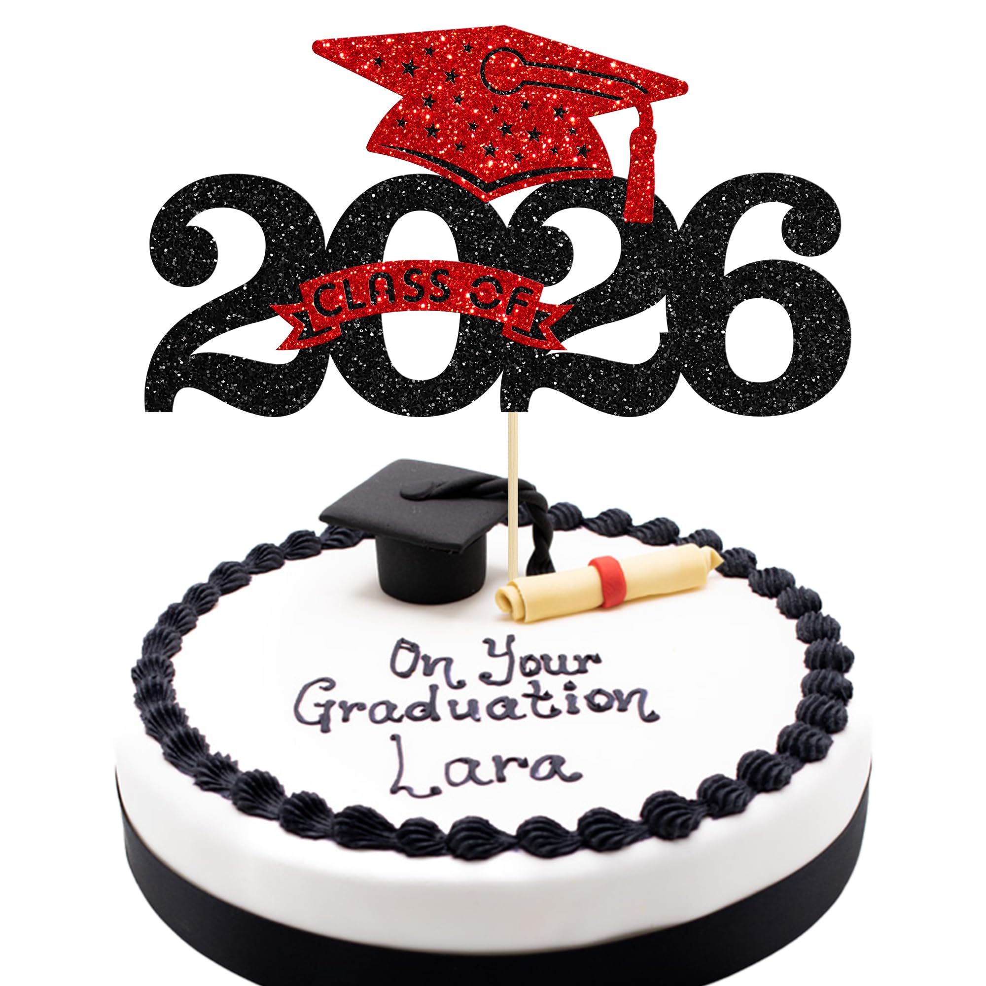 Ephlyn 1Pcs Class of 2026 Cake Topper Glitter Graduation Cap Cake Pick 2026 Congrats Grad Cake Decoration for 2026 Theme Party Decorations Supplies