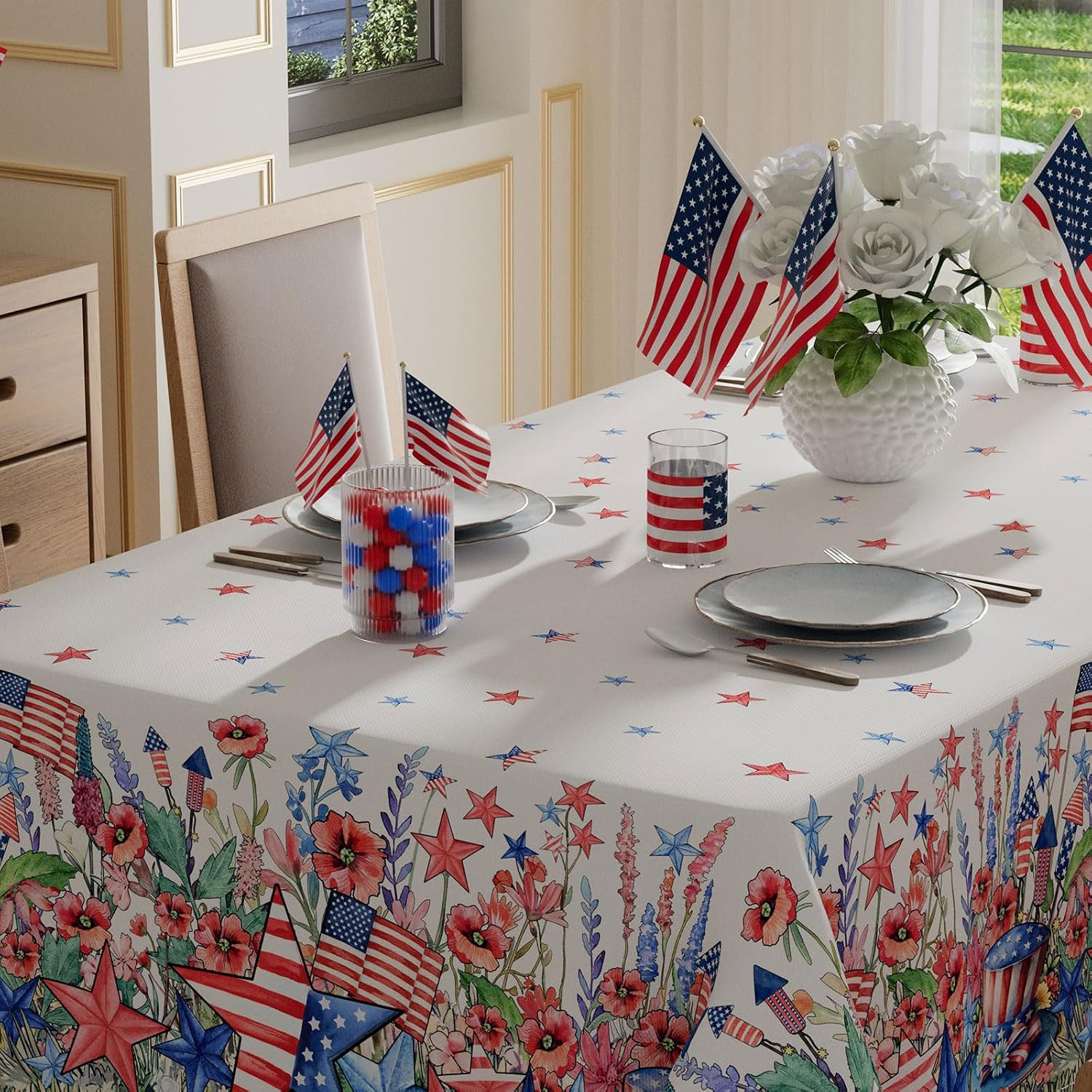 XCHI Watercolor Flowers America Stars Hats Memorial Day Tablecloth Rectangle 4th of July Patriotic Independence Day Table Cloth Table Covers for Indoor Dining Home Party Decorations 60x120 Inch