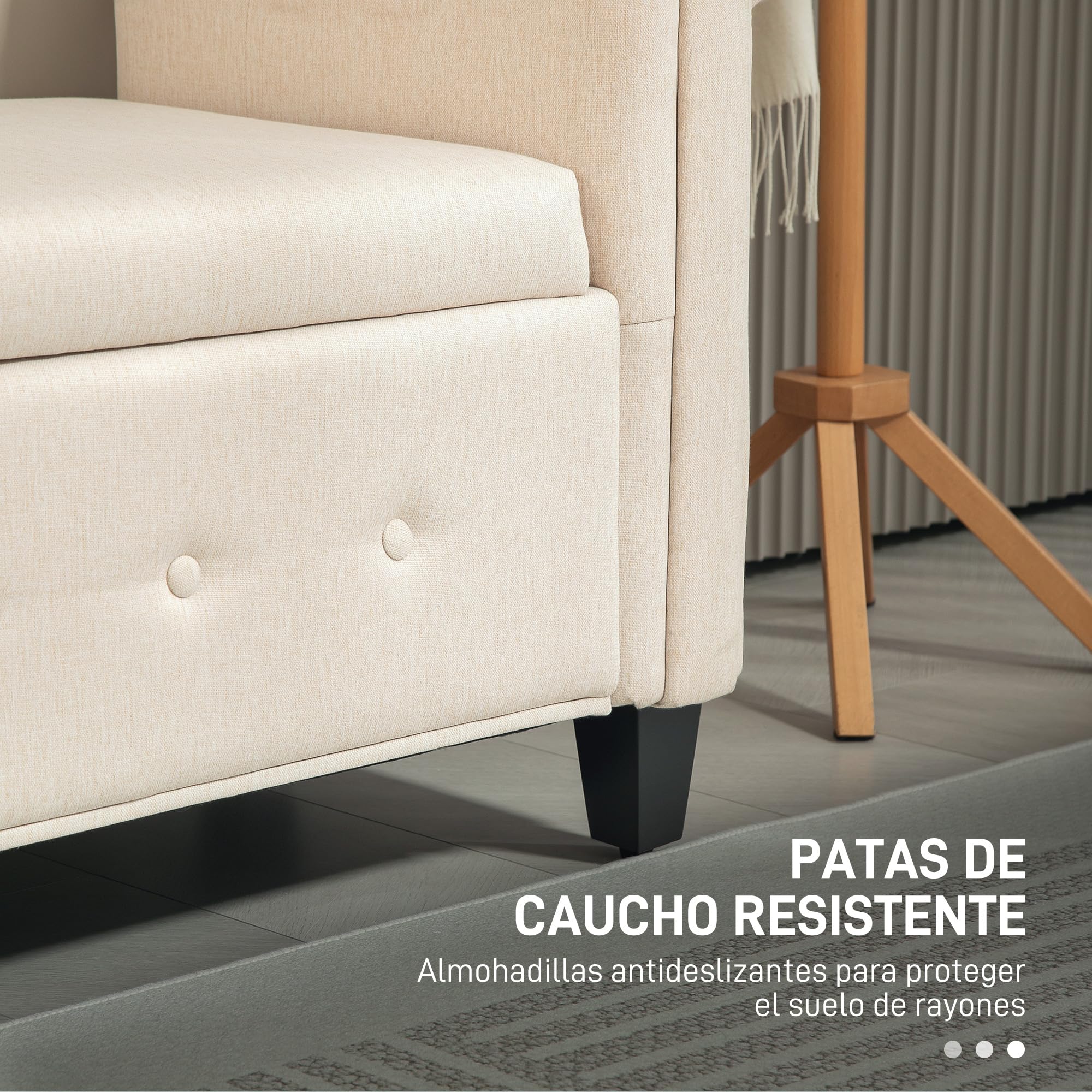 HOMCOM Banco de Almacenamiento Taburete de Almacenaje de Lino con Tapa de Bisagras Patas de Madera y Reposabrazos Enrollados para Dormitorio Salón Pasillo Carga 150 kg 146,5x49x74,5 cm Beige