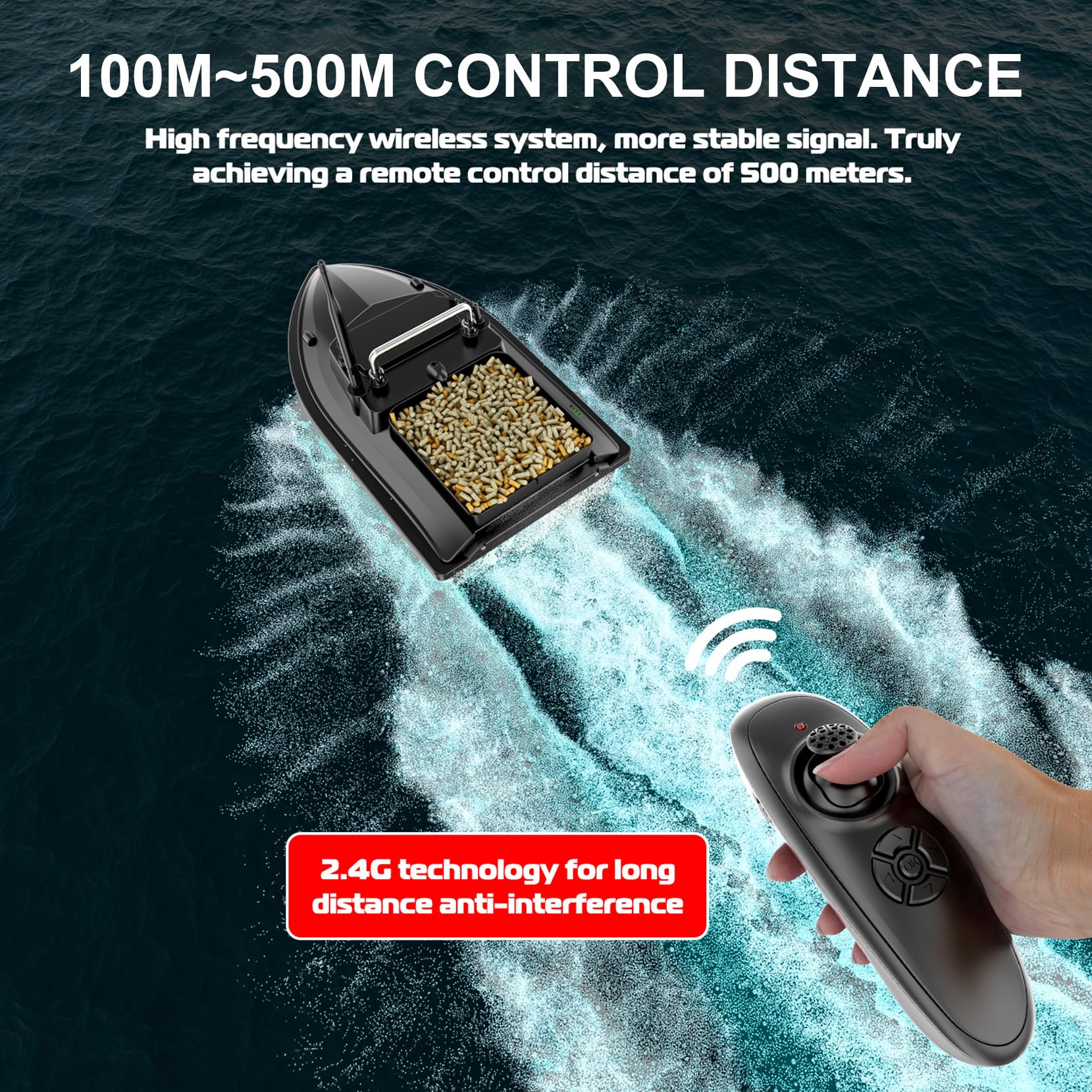 Bote de Pesca 500 m, Barco de Pesca RC, 2 kg, Carga con Bolso, Dispositivo alimentador de Peces, 500 m, Distancia de 2 kg, Cebo, Carga, Mando a Distancia, Barco (Verde) (Negro)