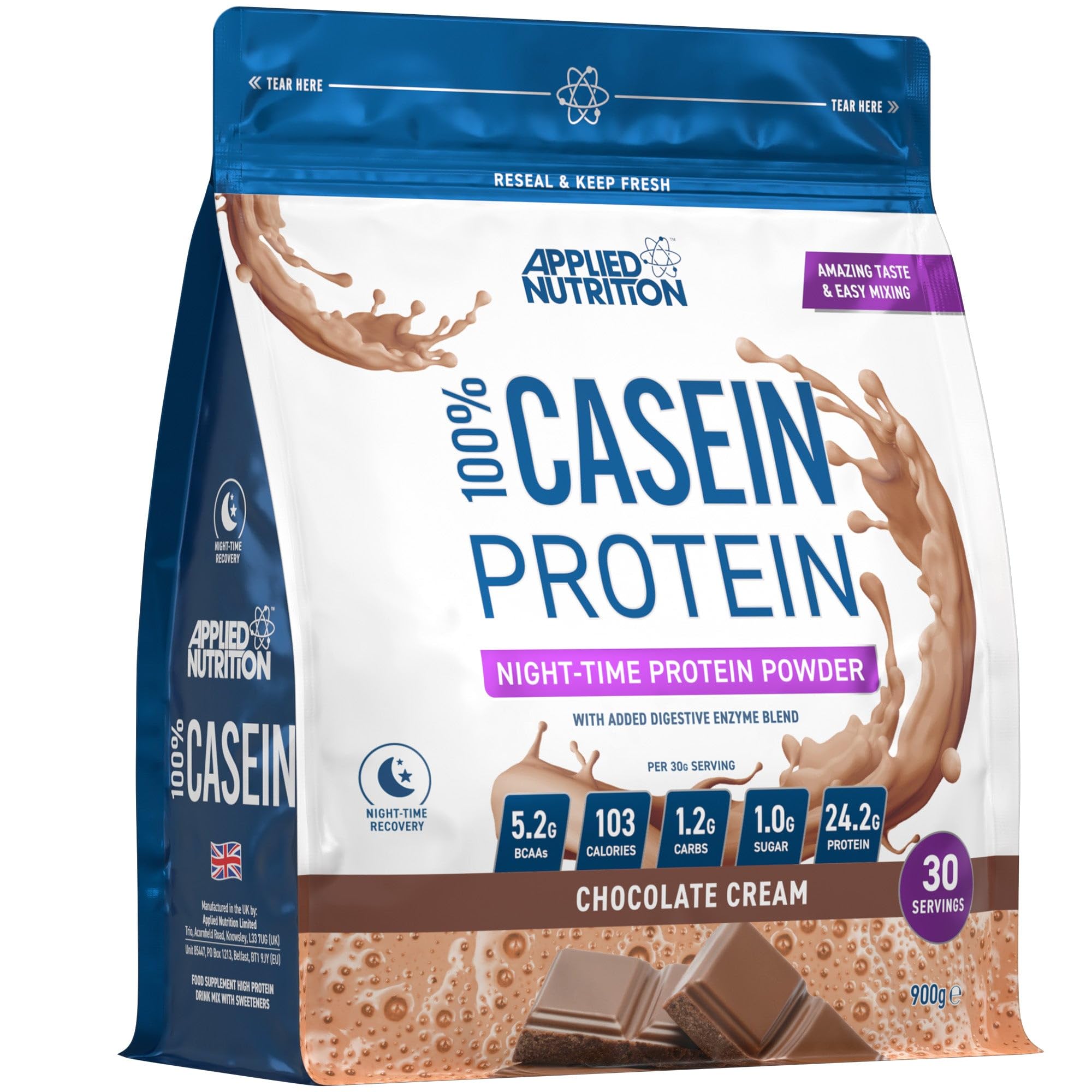Applied Nutrition Casein Protein Powder - Micellar Casein Supplement, Slow Release Protein (900g - 30 Servings) (Chocolate Cream)