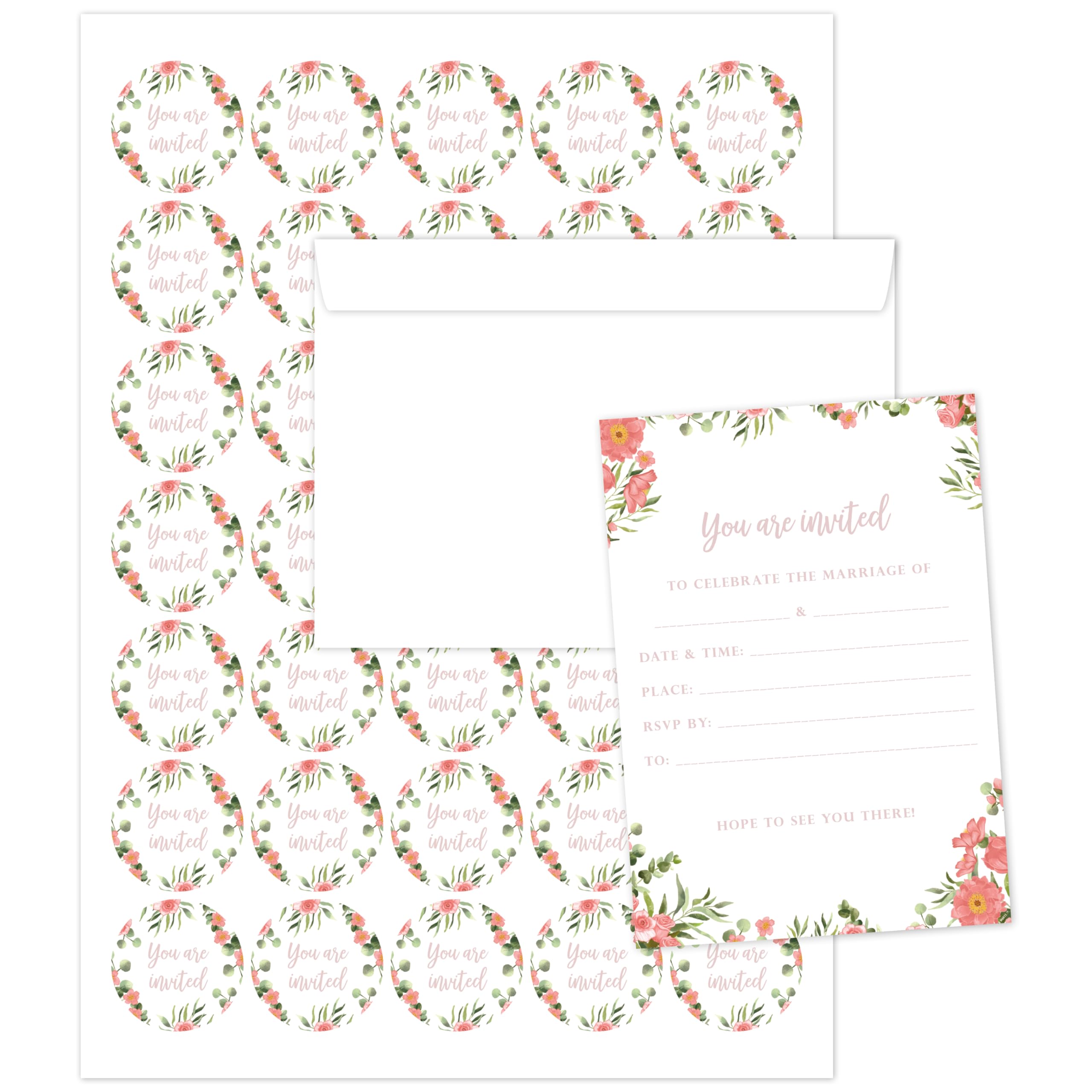 Manta Makes wedding invitations with envelopes, classic simple and elegant wedding invites with envelopes and stickers, wedding invitation cards (Pink Floral 50 pack)