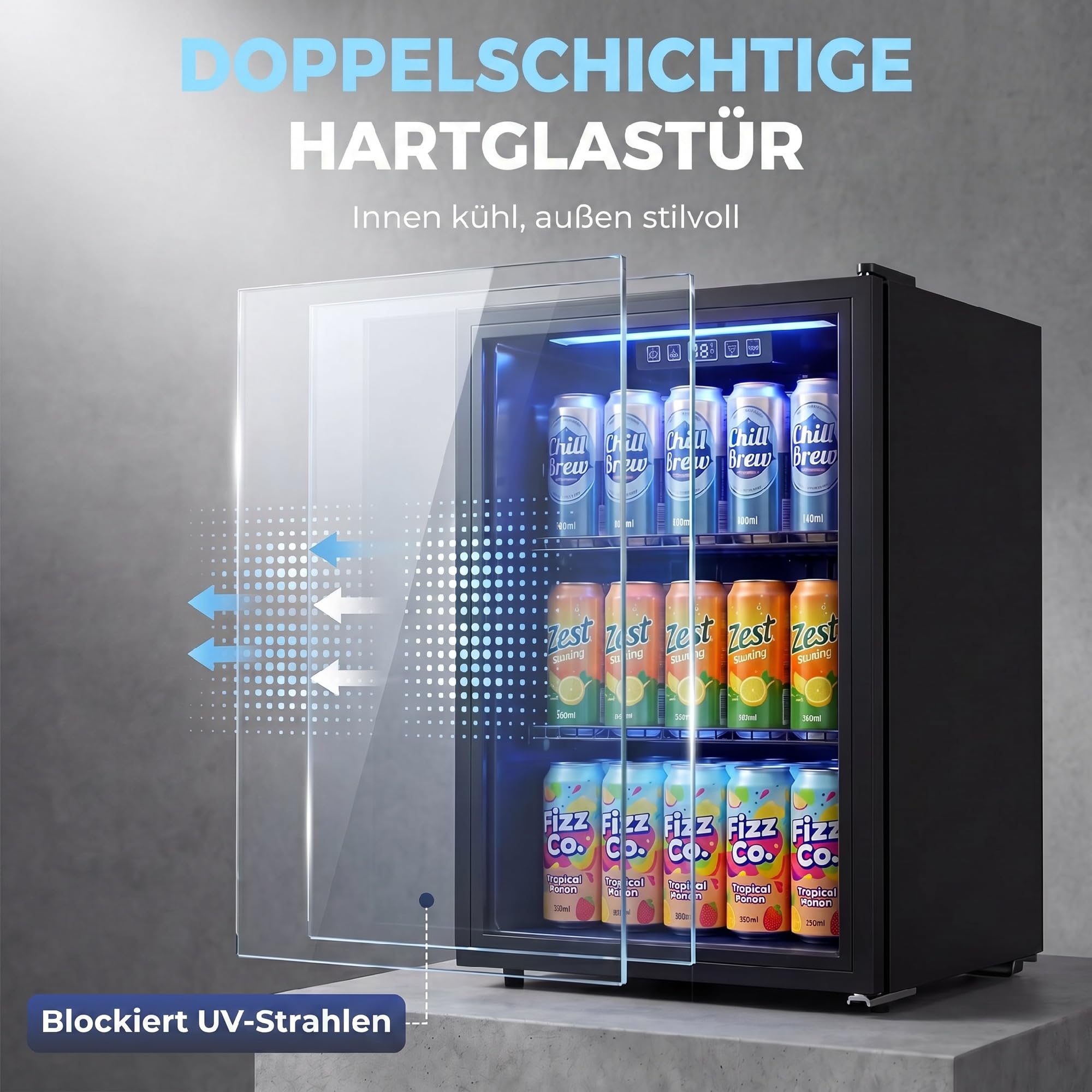 HOMCOM Getränkekühlschrank 70L Mini Kühlschrank mit UV-beständig Doppelglas-Tür, verstellbaren Regalen, LED-Beleuchtung & Display