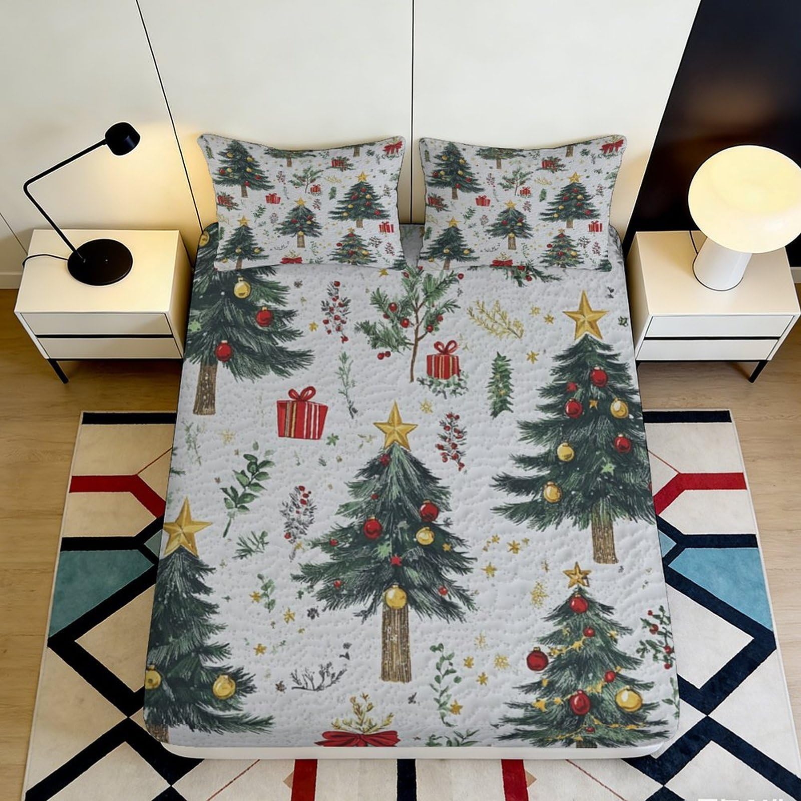 Uynsixtme Style-7 3D Printed Christmas Tree Pattern Fitted Sheet Microfiber Deep Pocket Bedroom Bedding Christmas Tree Mattress Fitted Cover Washable 200X200x25cm