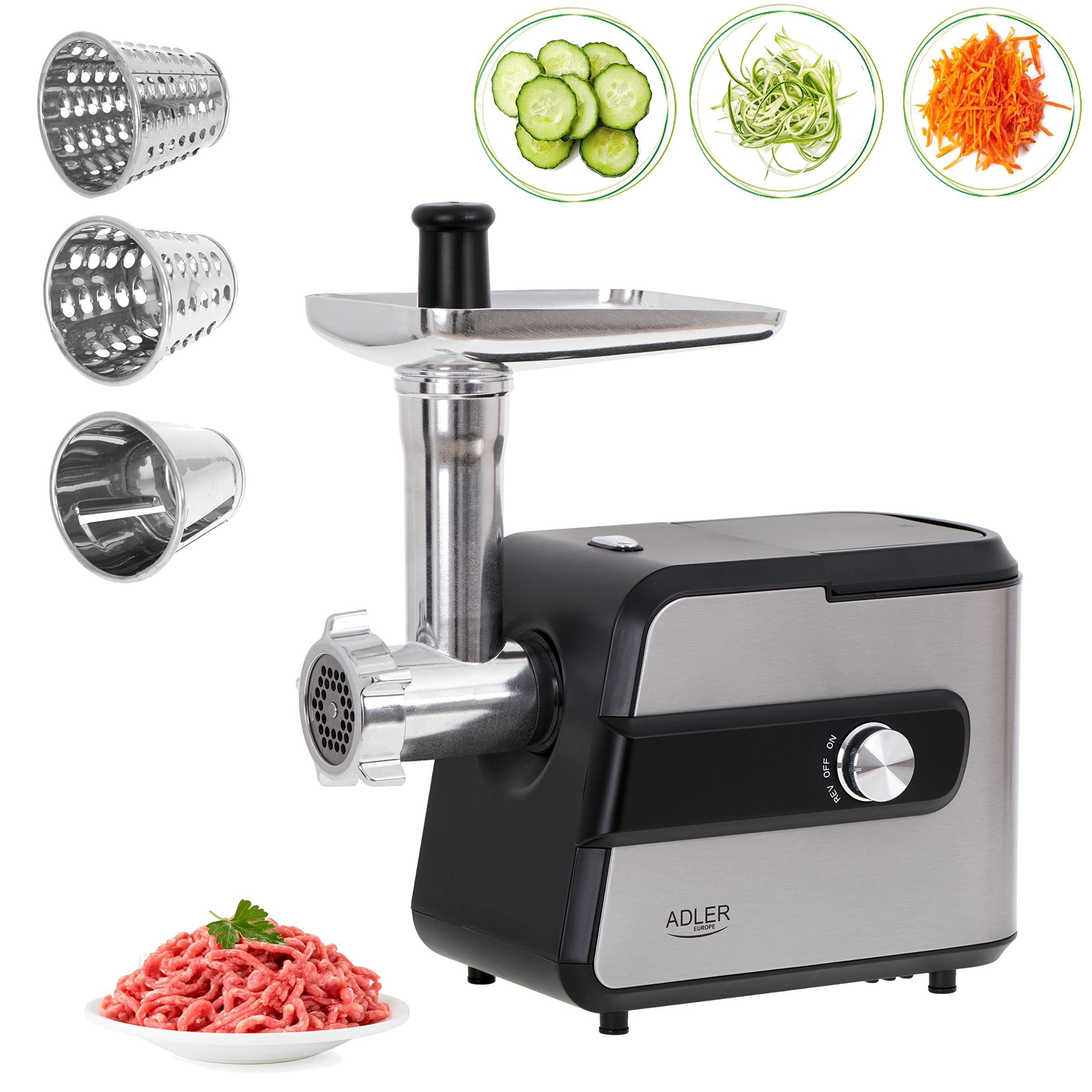 Adler AD 4813 - Picadora de carne nº 5 con rebanadora, 2000 W, máquina picadora de carne picada con carcasa de acero inoxidable, para carne y verduras