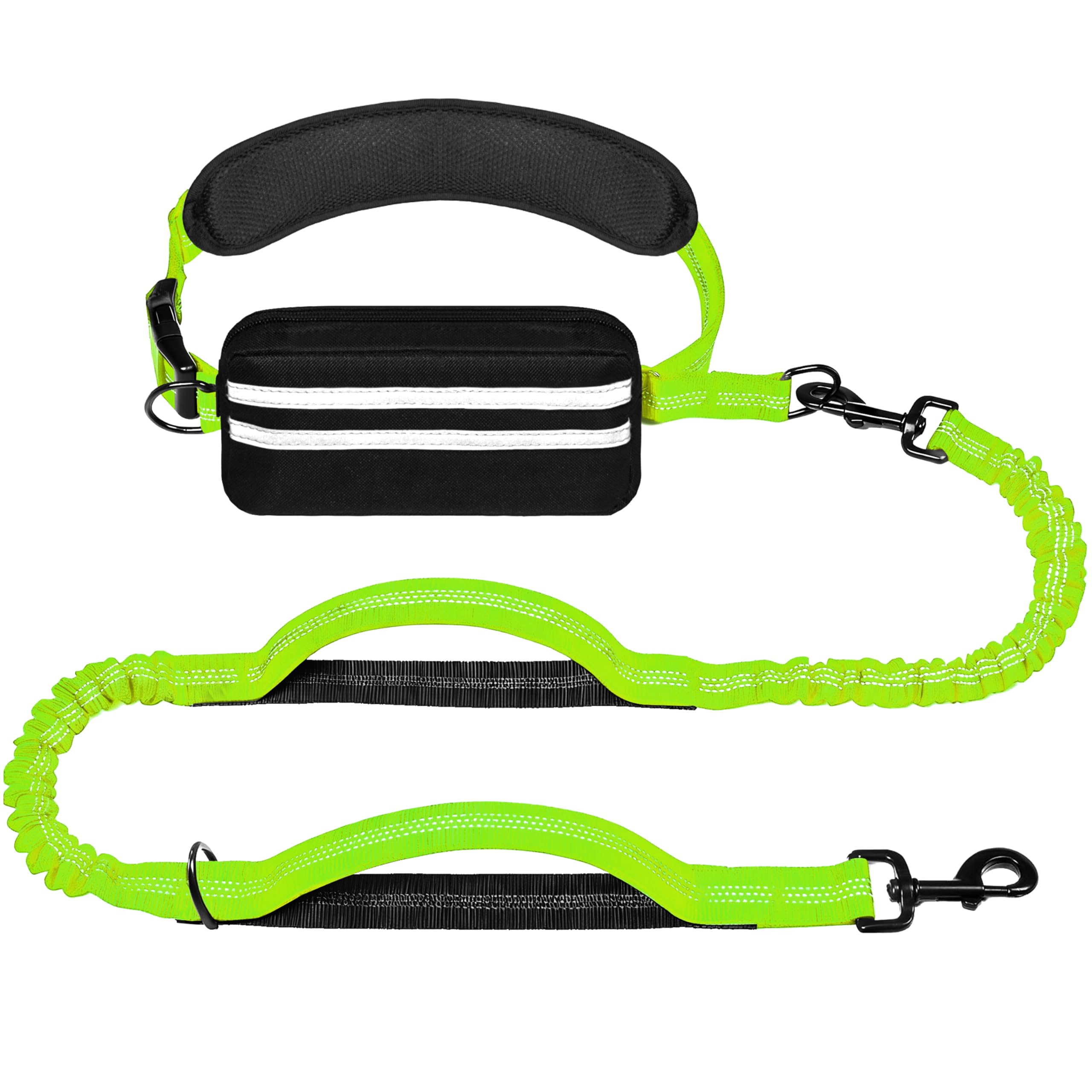 Hands Free Dog Leash with Zipper Pouch, Running Waist Leash for Dog Walking, Adjustable Waist Belt for Large Dogs, Reflective Bungee Design with Two Handle for Hiking, Training, Neon Green