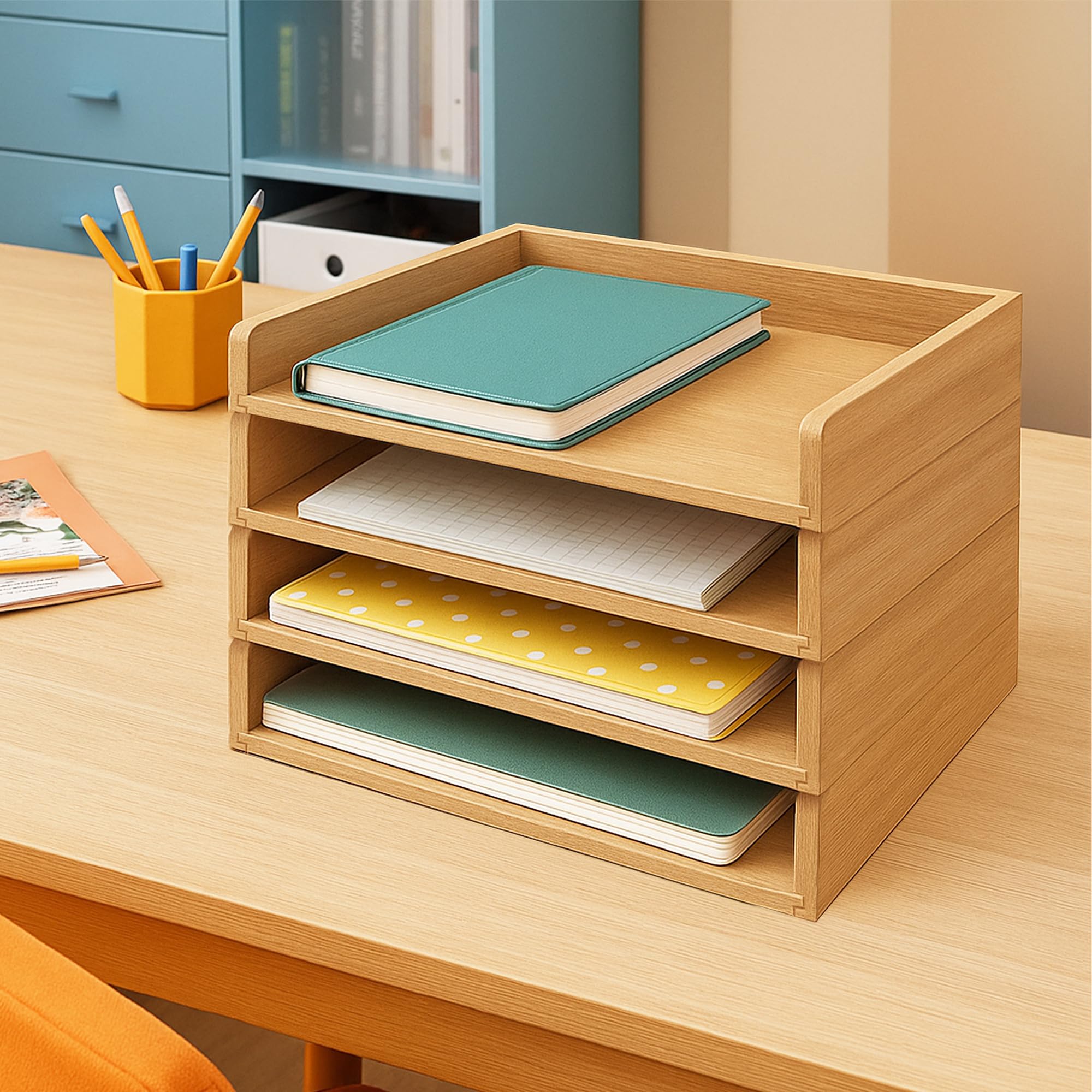 PROLEE Papierablage aus Holz für Schreibtisch, stapelbarer Papierhalter und Briefablage, 4-stöckiges Schreibtisch-Aktenregal für Arbeitszimmer, Zuhause und Büro (Eiche, 35,6 x 24,1 x 6,3 cm)