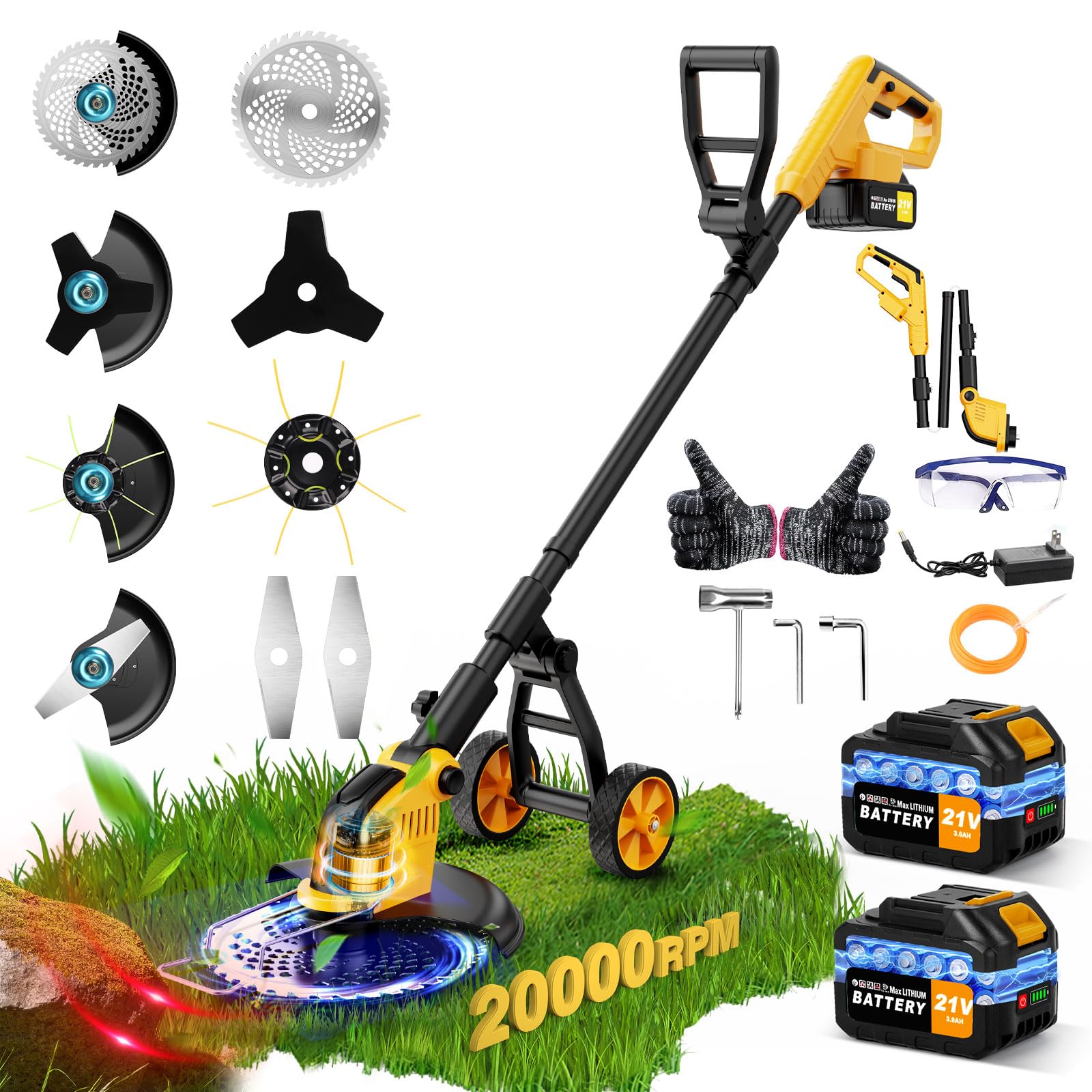 Photo 1 of 20000 RPM Brushless Electric Weed Wacker Cordless, 12'' Wheeled Weed Eater Battery Powered Brush Cutter, 4-in-1 Grass Trimmer Stringless Weed Trimmer Lawn Mower Edger W/Wheel Metal Blade Battery