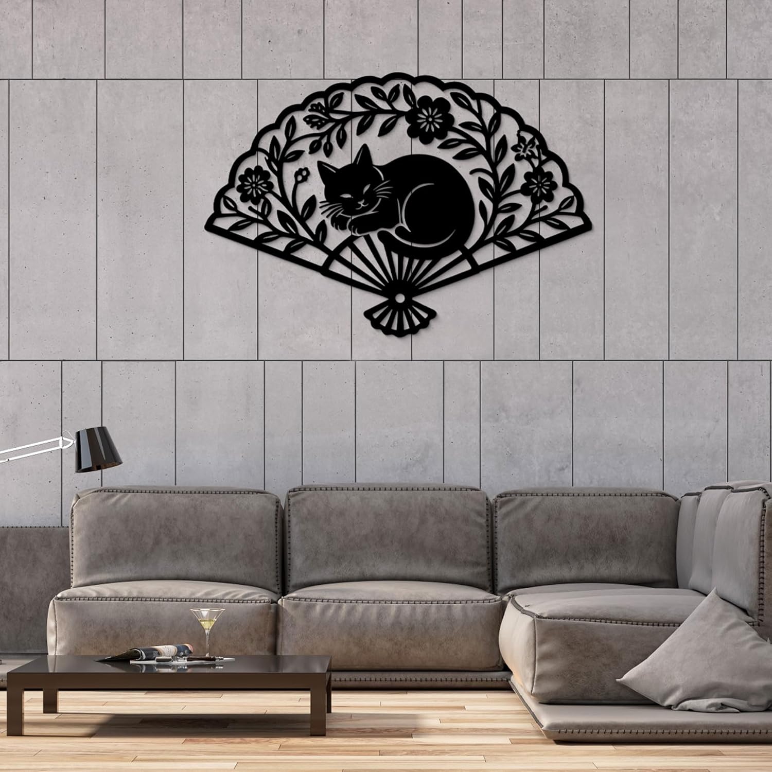 GlintHome Bedroom Wall Art - Large Black Metal Fan Sleeping Cat Wall Decor Wall Sculpture artwork for Cats Lover Minimalist Room Living Room Bathroom Office
