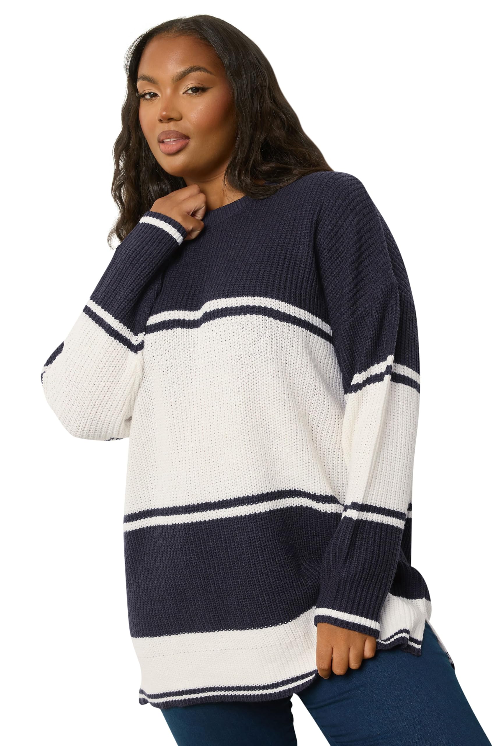 Yours Women's Navy Curve Blue Stripe Knitted Jumper - Plus Size Curve