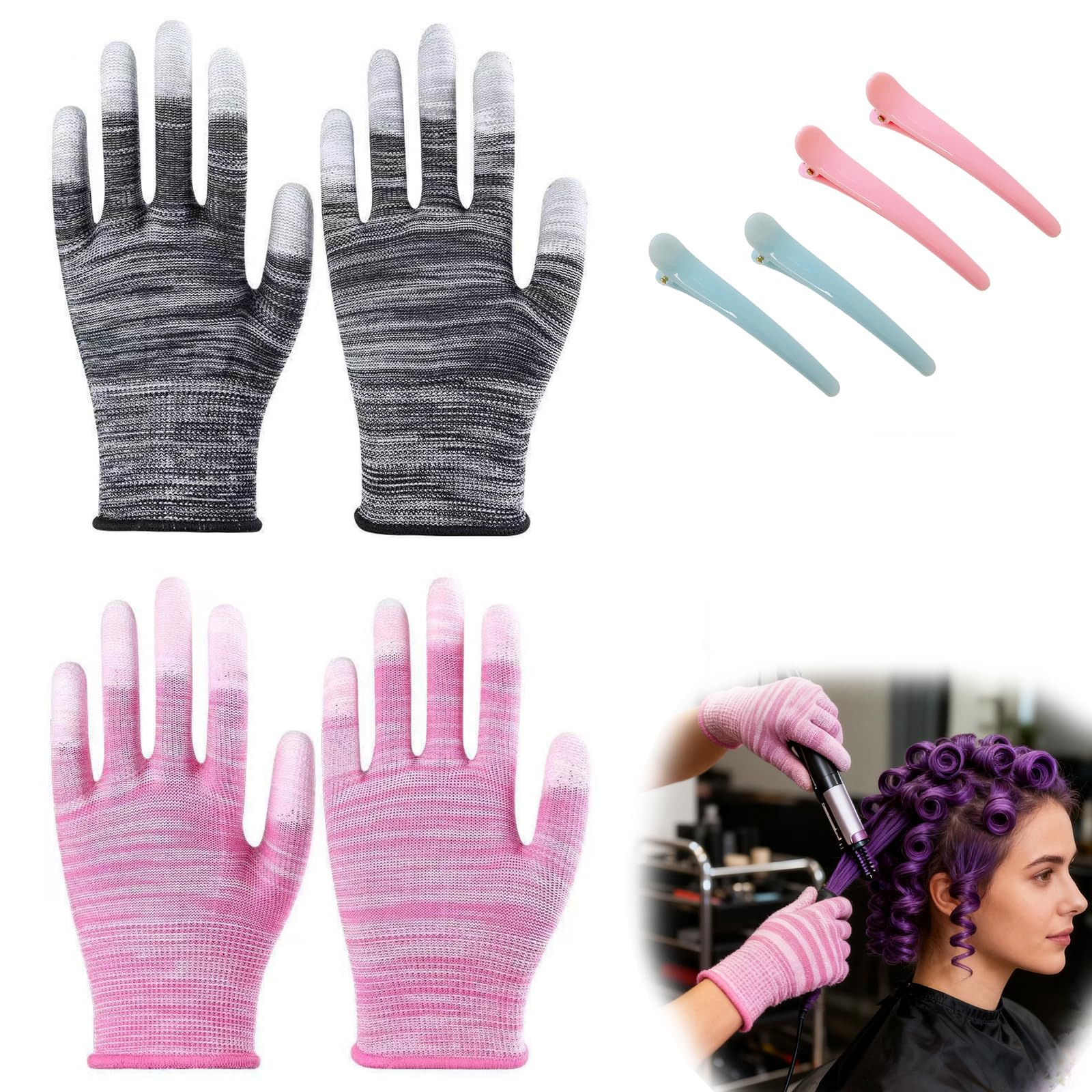 2 Gants Thermiques Résistants à la Chaleur avec Doigts en Silicone, Gants de Protection pour Coiffure, Anti-Chaleur pour Fer à Boucler, Lisseur et Bigoudis,Avec 4 barrettes