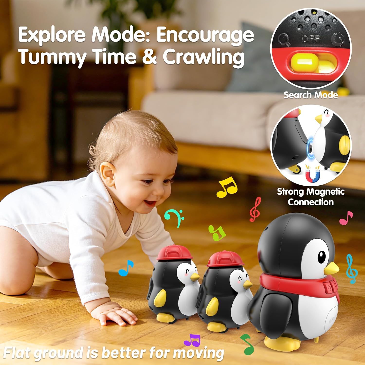 KWYZ 3-Piece Penguin Musical Talking Toys, Magnetic Mama & Baby Toys 6-12 Months, Tummy Time Toys with Light Up, Walking Toys Newborn Infant Toddler Toys for 6 Month Old & 1 Year Old Boy Girl Gifts