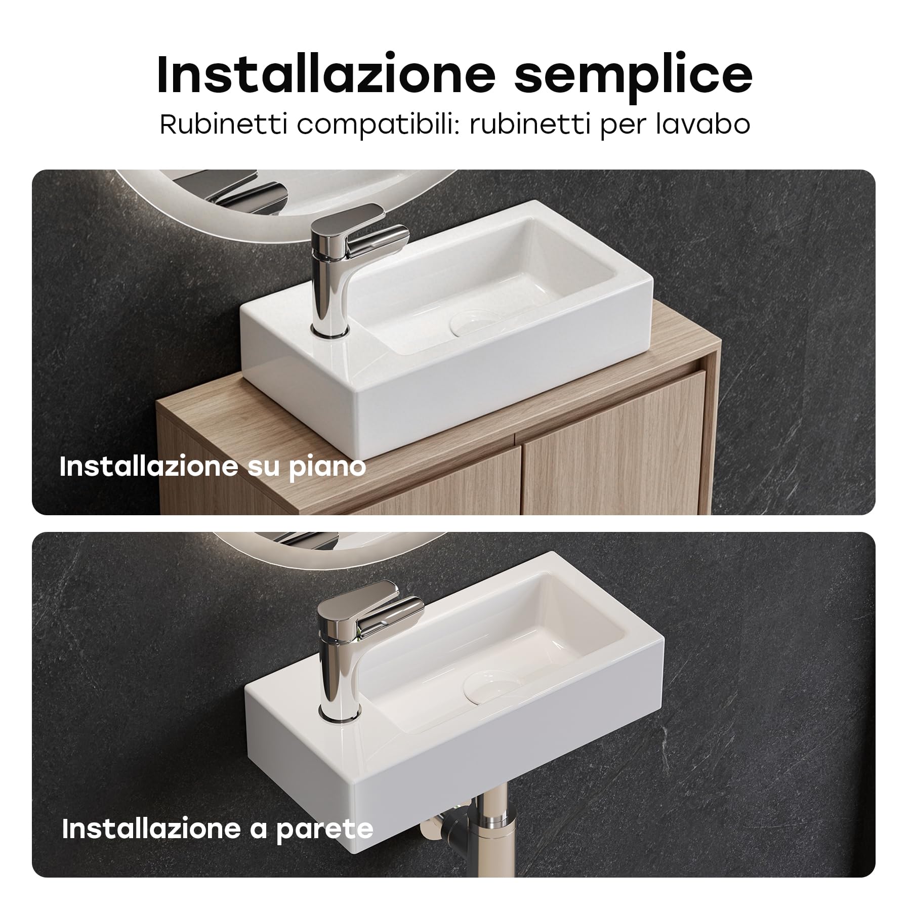HOROW lavatoio ceramica bianca rettangolare, compatto lavandino piccolo bagno, lavabo bagno sospeso, con 1 foro per rubinetto a sinistra, 370x180x90 MM