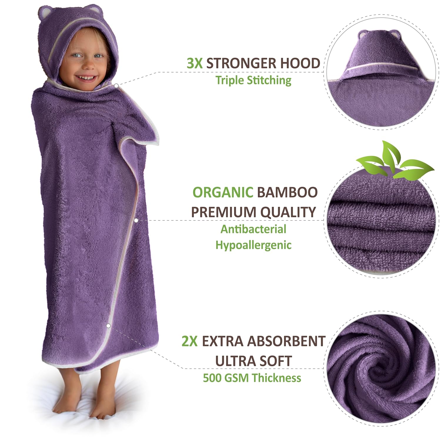 Premium Toddler Towels with Hood - Extra Soft Rayon from Bamboo Toddler Bath Towel (Purple) - Image 2