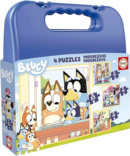 Educa - Set of Four Progressive Puzzles from 12 to 25 Pieces with Bluey Characters | Presented in a magnificent suitcase to be able to store them. Recommended from 3 years (19830)