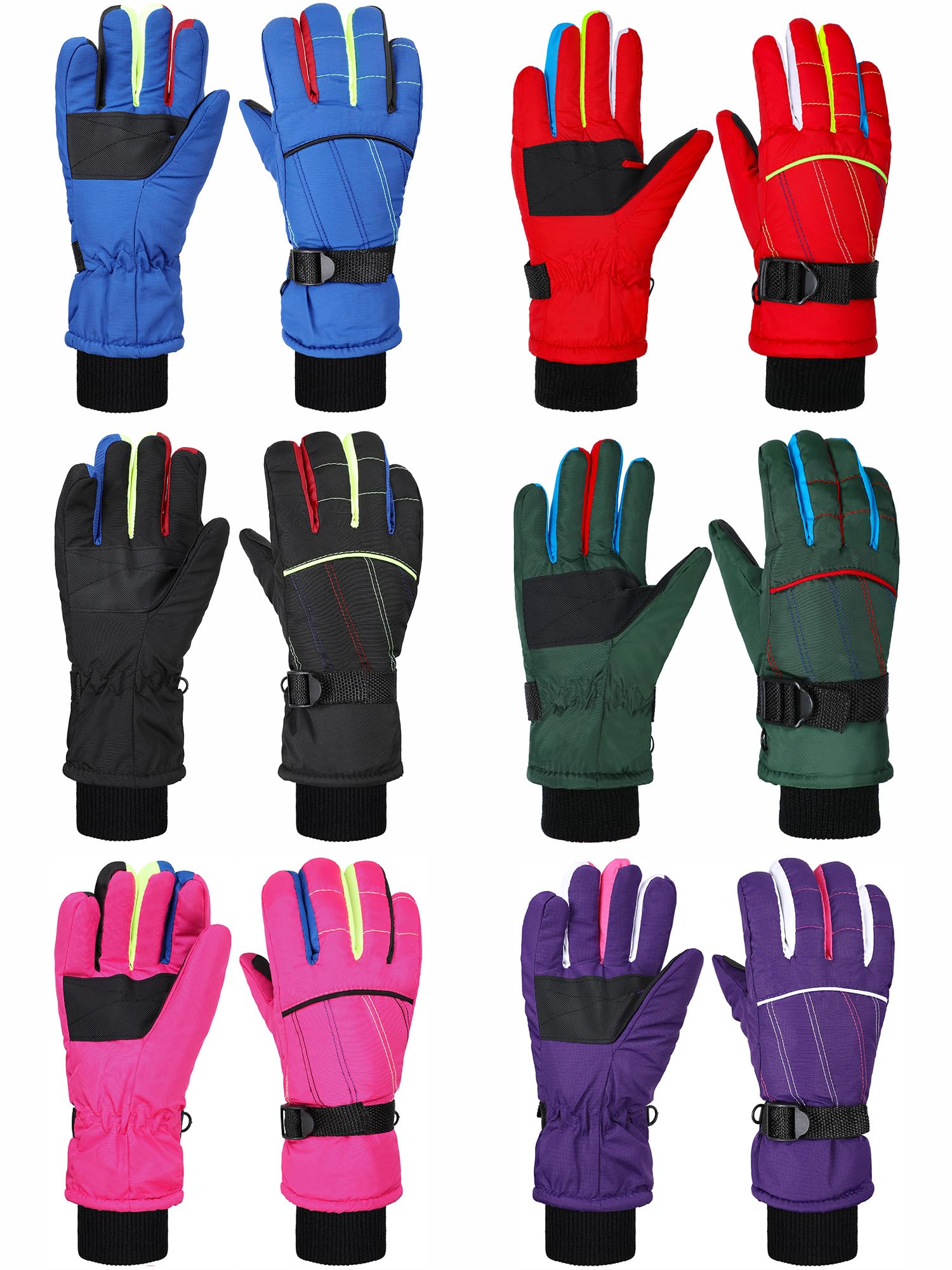 Bencailor 6 Paia di Guanti Invernali Impermeabili Antivento per Bambini (6-10 anni, Rosso, Verde, Blu, Viola, Nero, Rosa)