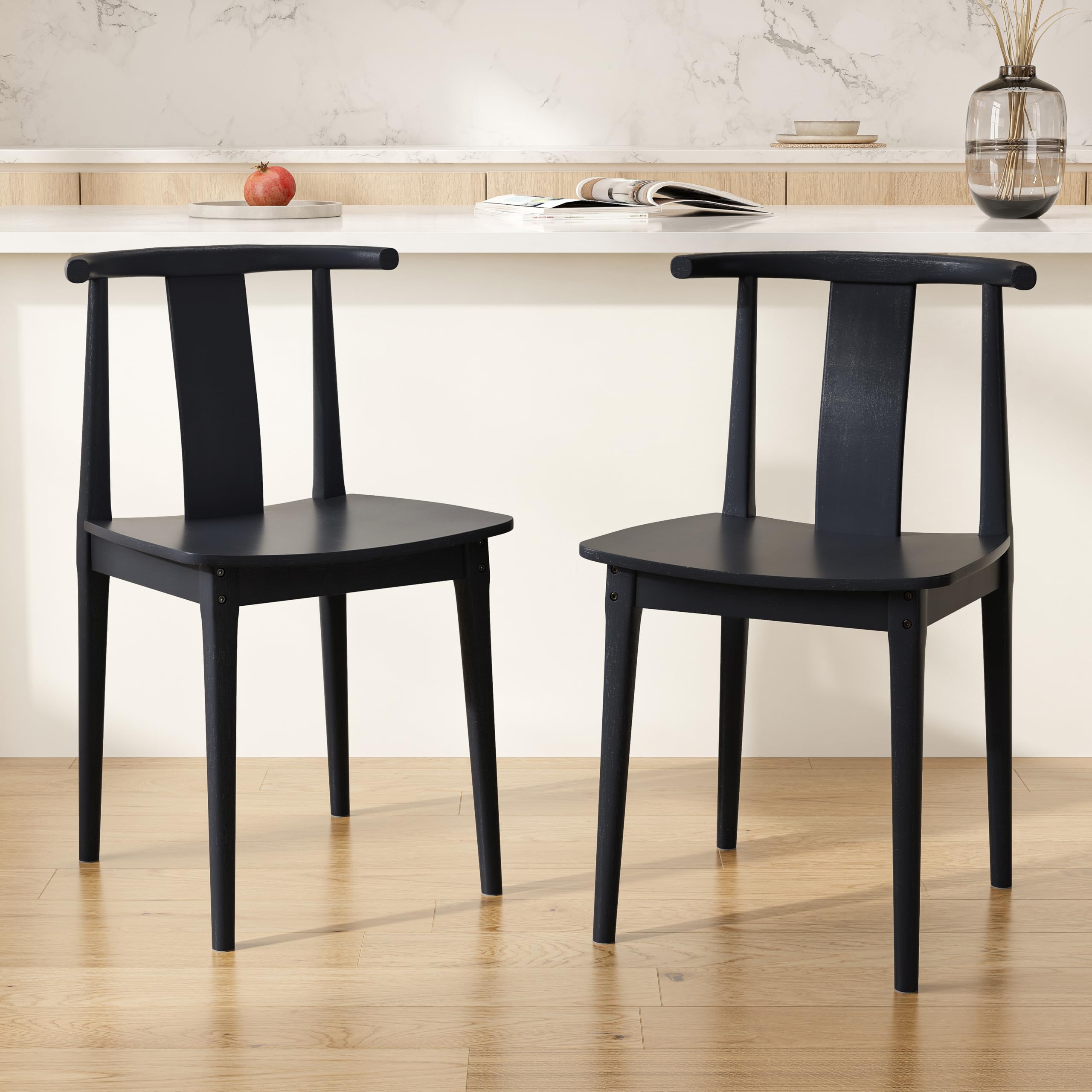 wood dining room chairs set of 2, mid century modern kitchen chairs wishbone chair with curved back armless accent chair for living room restaurant, black